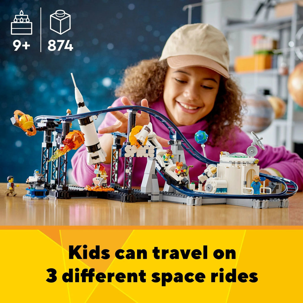 LEGO Creator 3 en 1 Montaña Rusa Espacial, Parque de Diversiones Reconstruible, Construye una Montaña Rusa Enroscada, Torre de Caída o Carrusel Giratorio, con 5 Minifiguras, Set de Construcción para Niños de 9 Años en Adelante, 31142