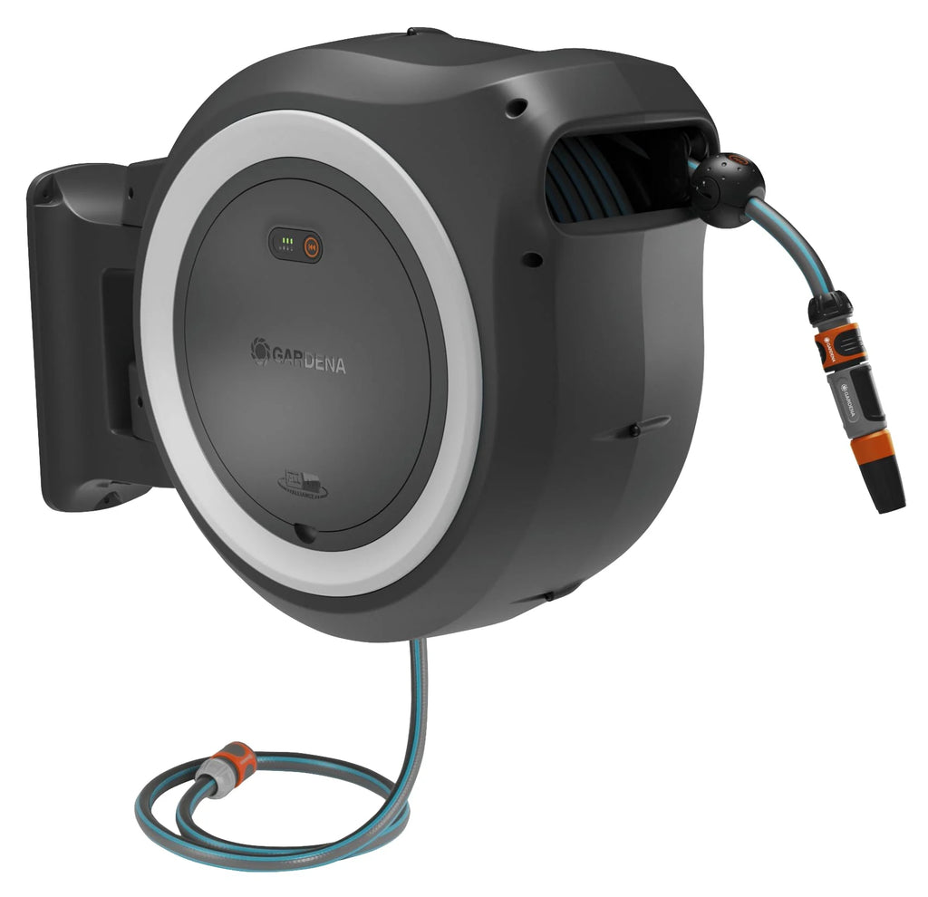 2025 Caja de Pared con Batería Gardena PowerRoll XL Lista para Usar: Enrollador Automático con Manguera de Jardín de 35 m, Guía de Manguera y RollControll, Kit Completo con Batería (18642-20)