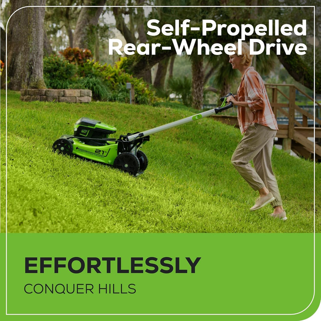 2025 Cortacésped Autopropulsado Inalámbrico Greenworks 60V 21” con 2 Baterías de 4.0Ah y Cargador Rápido de Doble Puerto