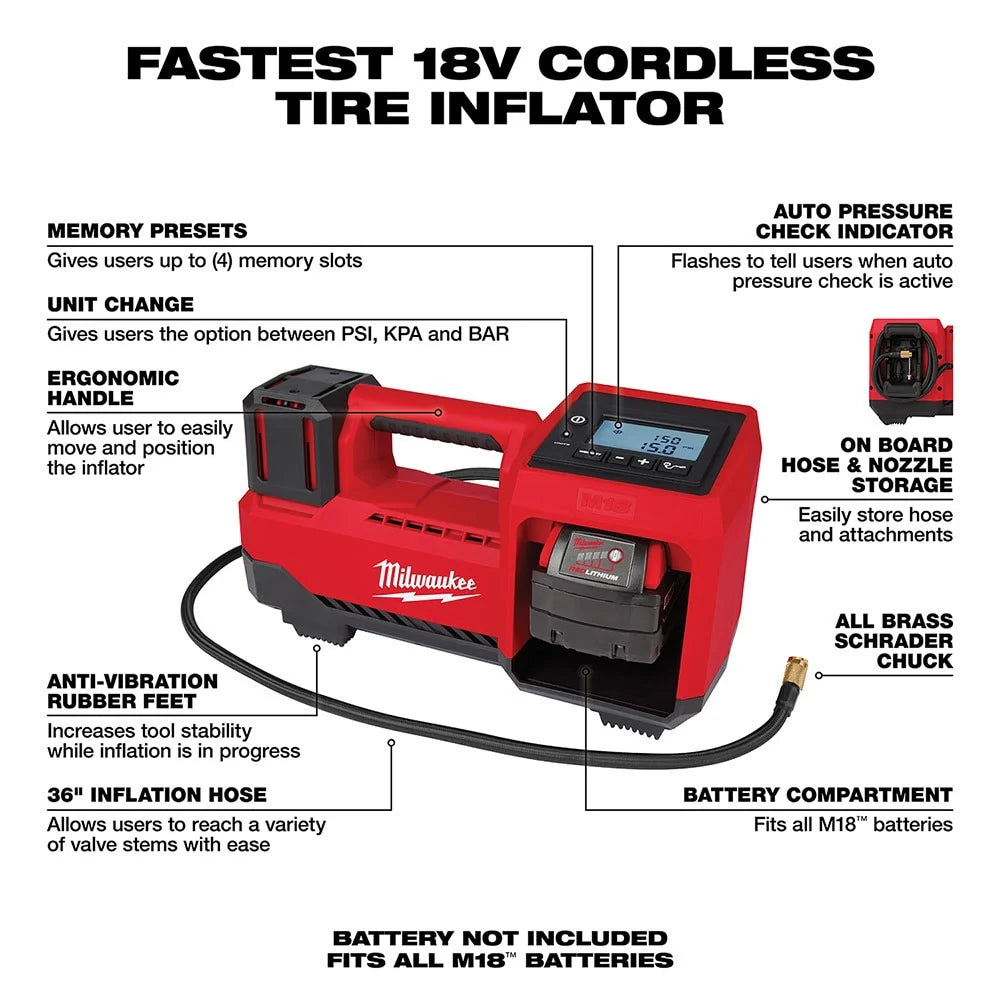 2025 Milwaukee 2848-20 M18 Inflador de Neumáticos Compacto, Solo Herramienta