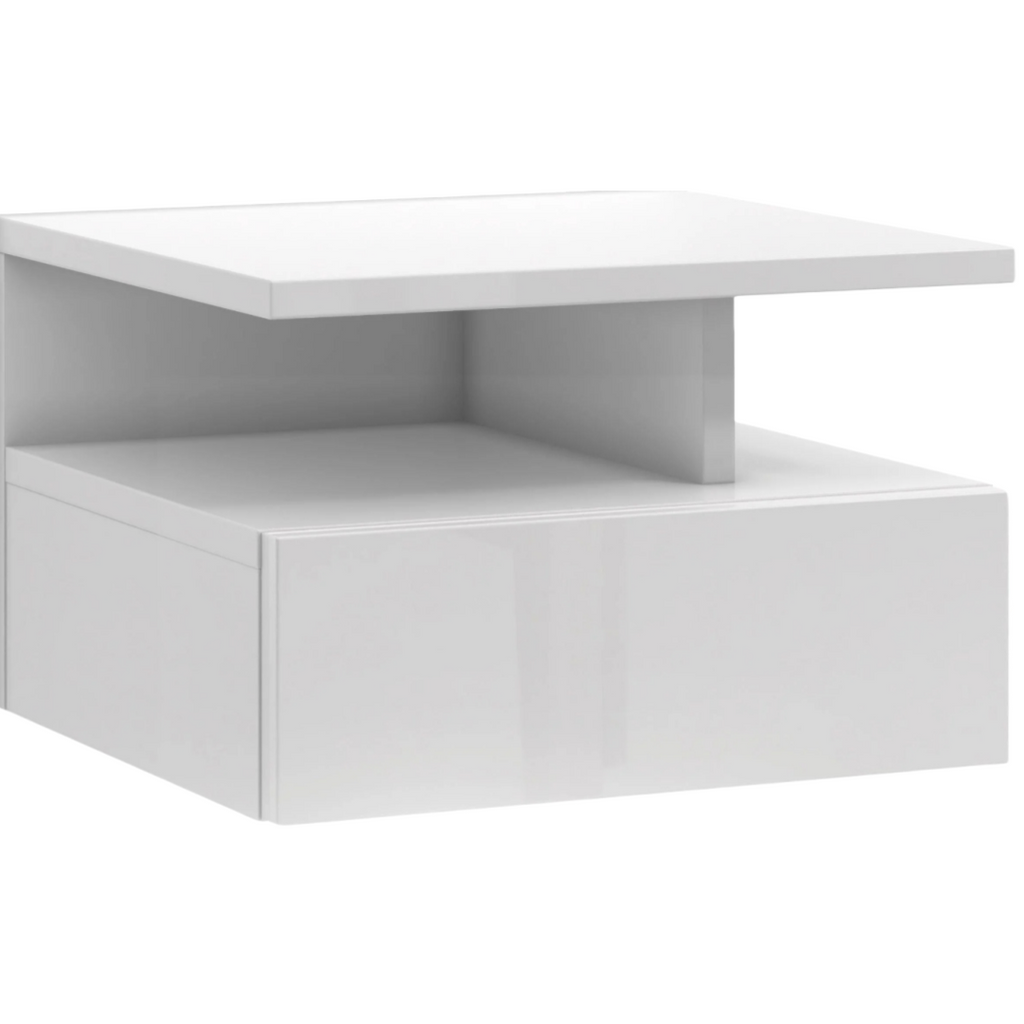 Mesita de noche suspendida Roma blanco brillante, con diseño minimalista de 35,5 cm de ancho