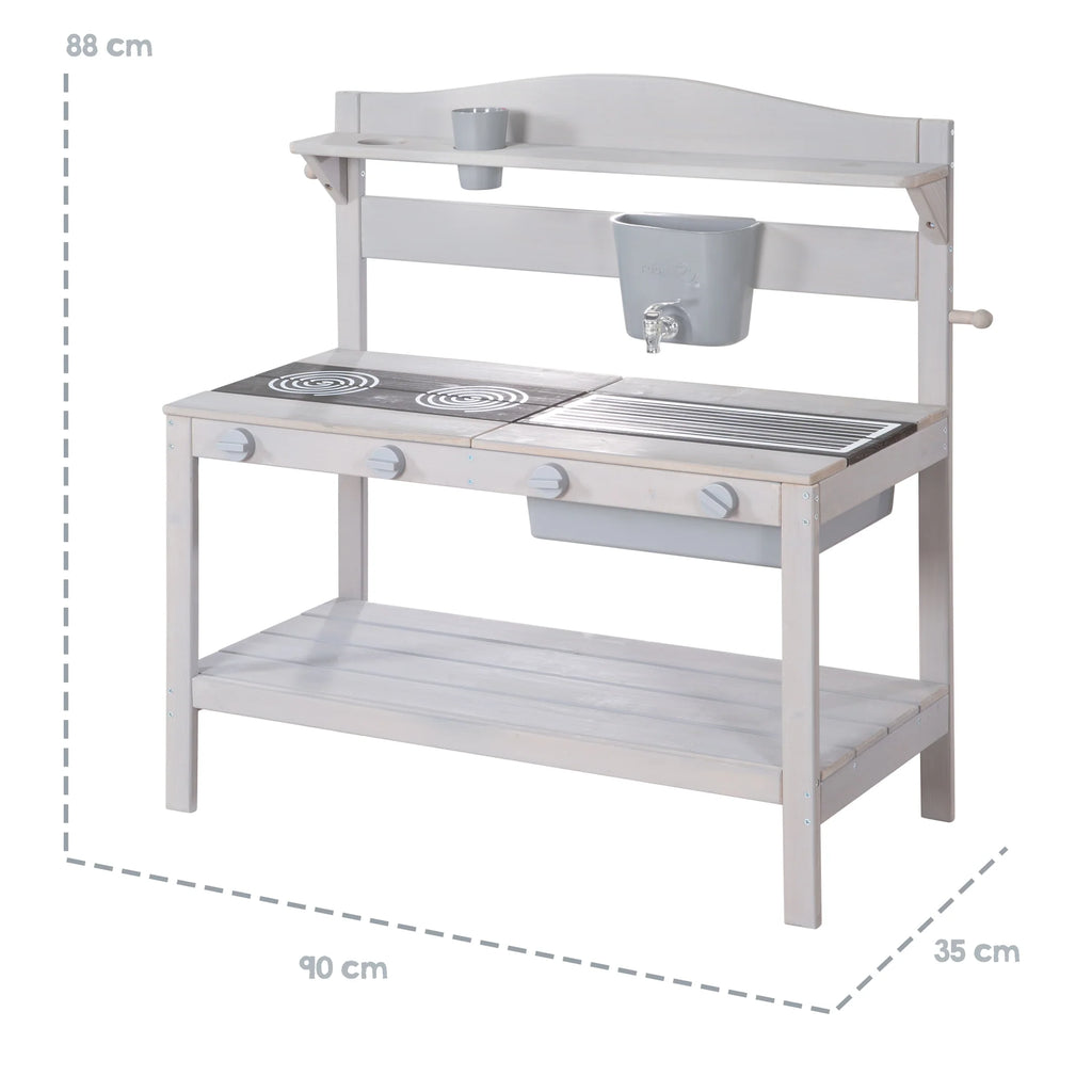 Cocina de barro para exteriores con accesorios - Madera certificada FSC - Acabado en gris grabado