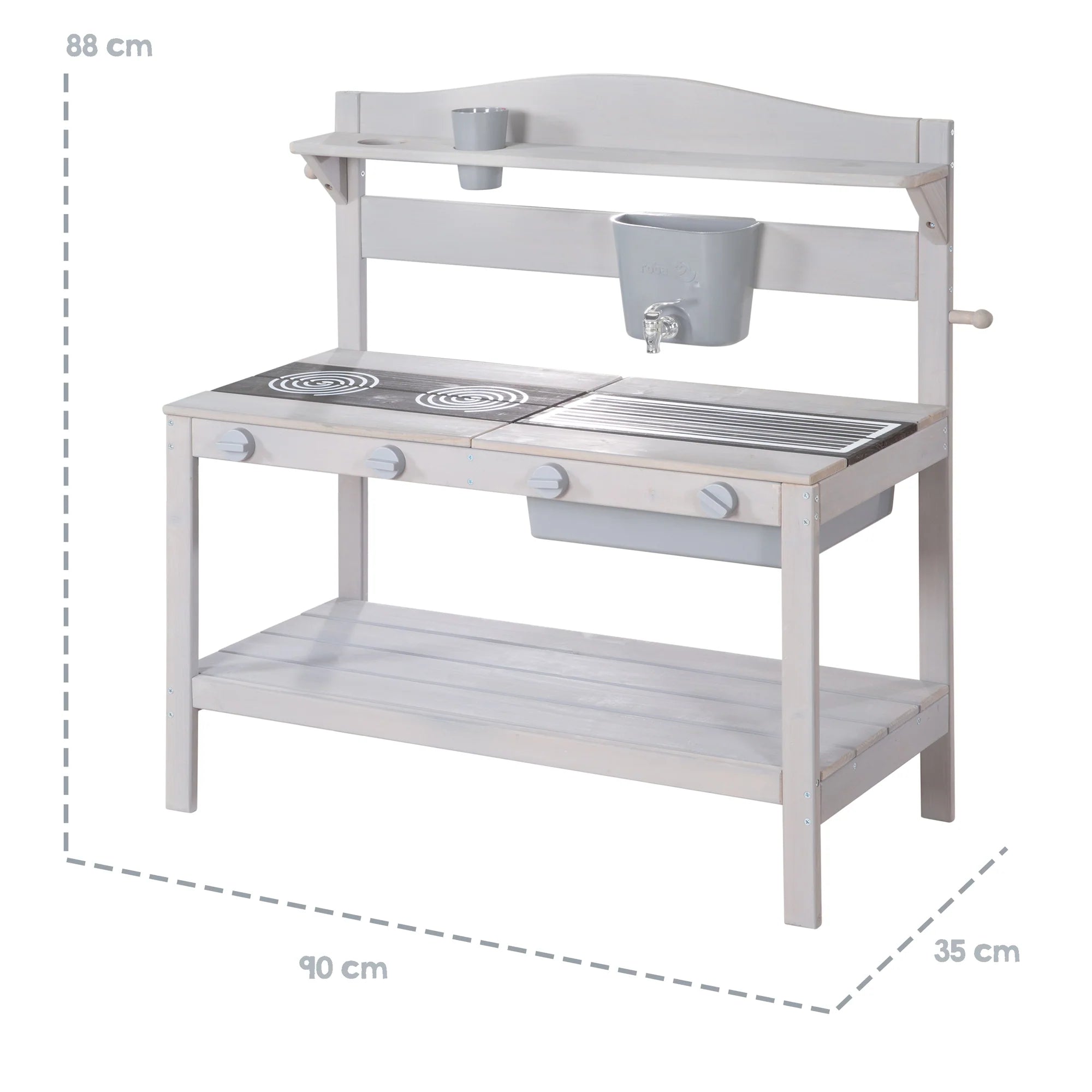 Cocina de barro para exteriores con accesorios - Madera certificada FSC - Acabado en gris grabado