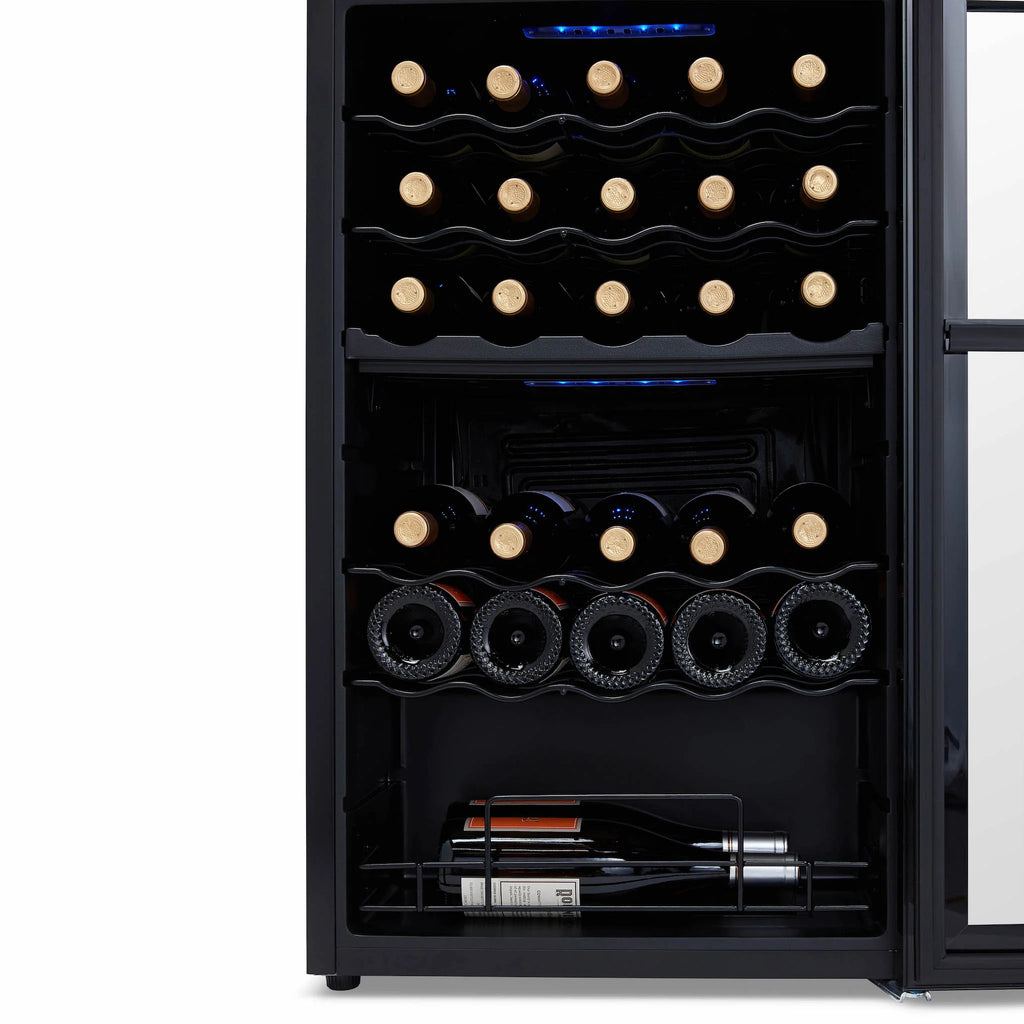 2025 Refrigerador de Vinos Independiente Newair® Negro – 33 Botellas, Doble Zona – 19,5"