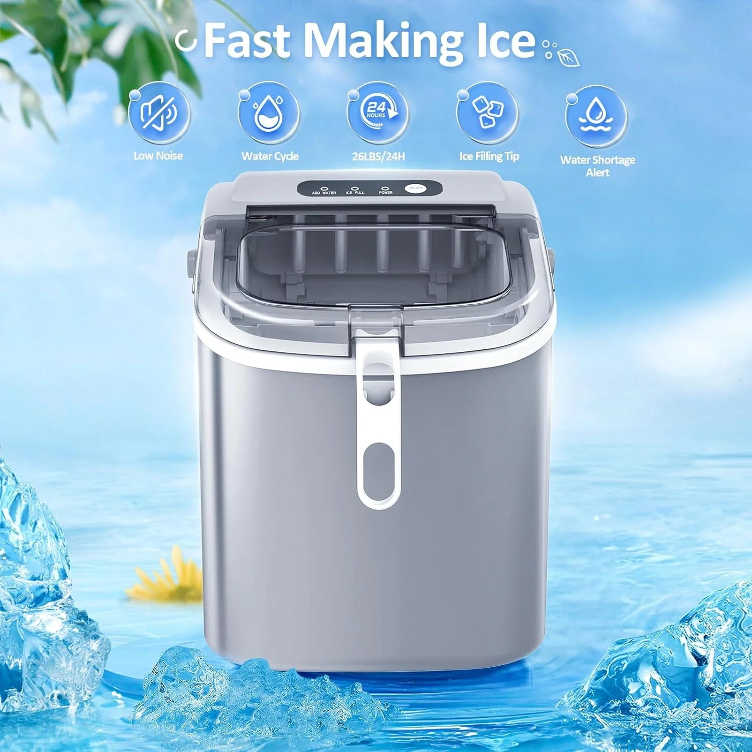 2025 Máquina de hielo tipo nugget para encimera, hielo en trozos masticables, 15 kg/24 h, autolimpiante, hielo sónico, operación con un solo botón, para cocina u oficina, acero inoxidable plateado