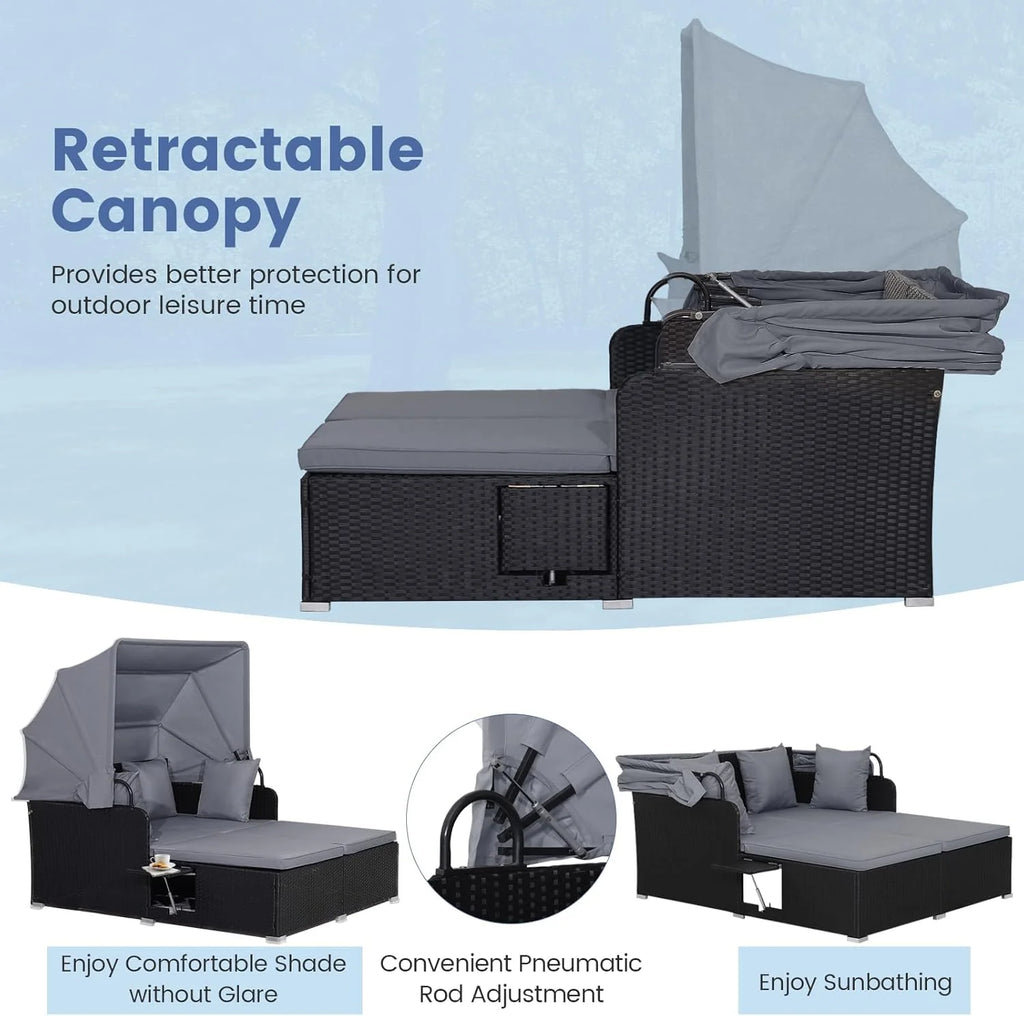 RELAX4LIFE Cama de Jardín Exterior con Dosel, Tumbona de Resina Trenzada con Cojines, 4 Almohadas y 2 Bandejas Laterales Retráctiles, Cama Lounge para 2 Personas para Piscina, Porche, Jardín, Cama de Exterior de Ratán (Turquesa)