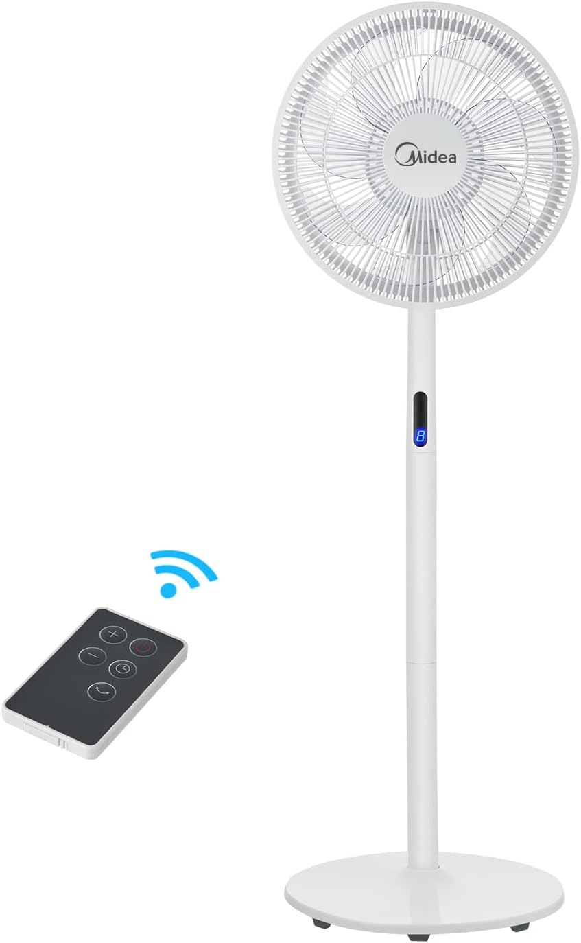 Ventilador de Pie MIDEA 12 Velocidades con Control Remoto – Ventilador Silencioso con Oscilación de 120º + 135º – Ventilador con Temporizador, Filtro y Doble Aspa – Flujo de Aire hasta 24 metros