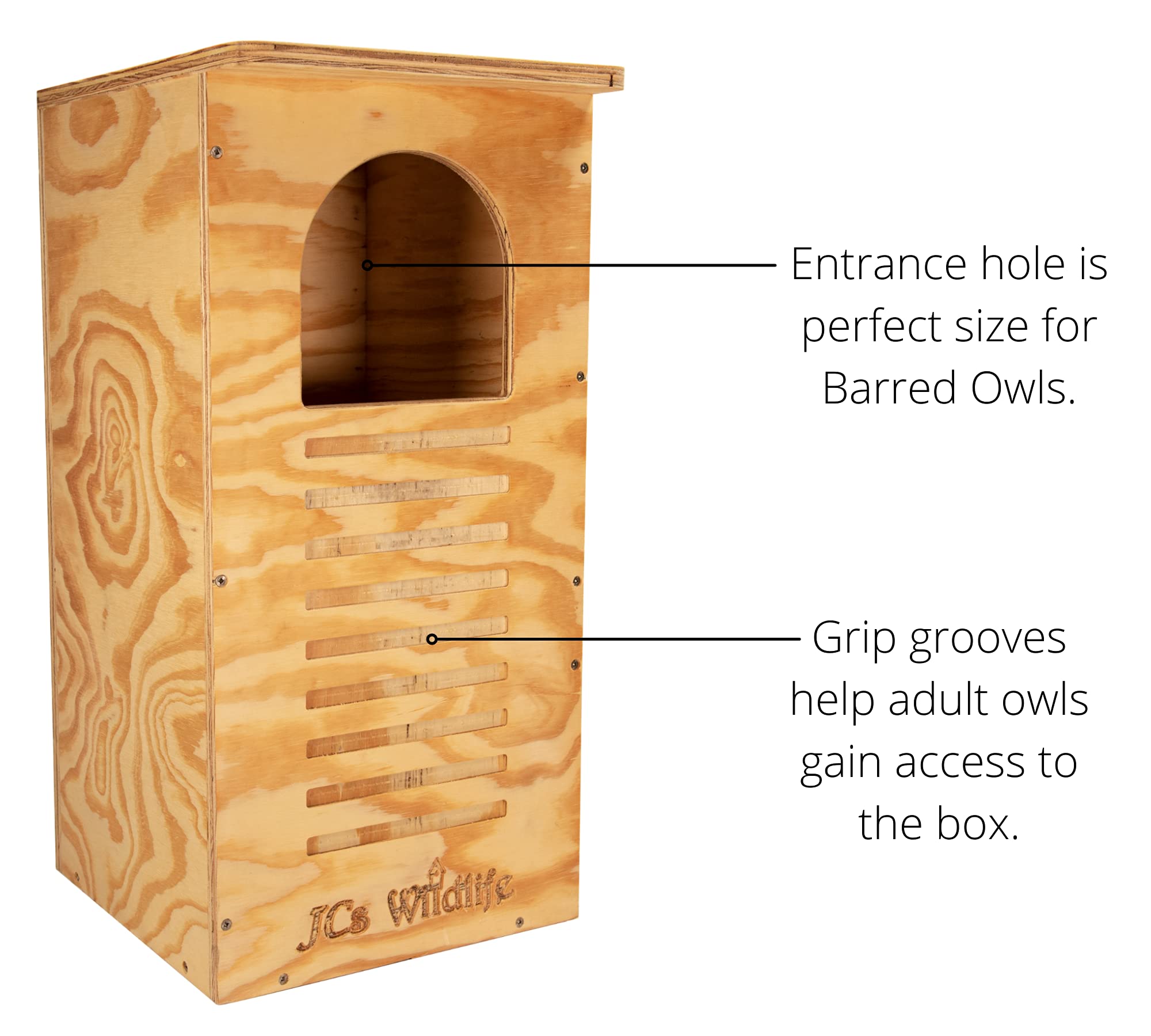 Caja Nido para Búho Barrado de JCs Wildlife – Contrachapado tratado para exteriores – Herrajes de montaje y virutas de pino incluidas – Puerta especial para limpieza fácil – Hecho en EE. UU.