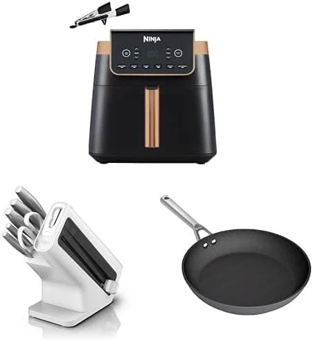 2025 Ninja Freidora de aire MAX PRO, 6,2 L Negro/Cobre, AF180EUCP + Set de cuchillos Ninja StaySharp Blanco, K62006EUWH + Sartén Ninja Foodi ZEROSTICK 28 cm, Gris, C30028EU