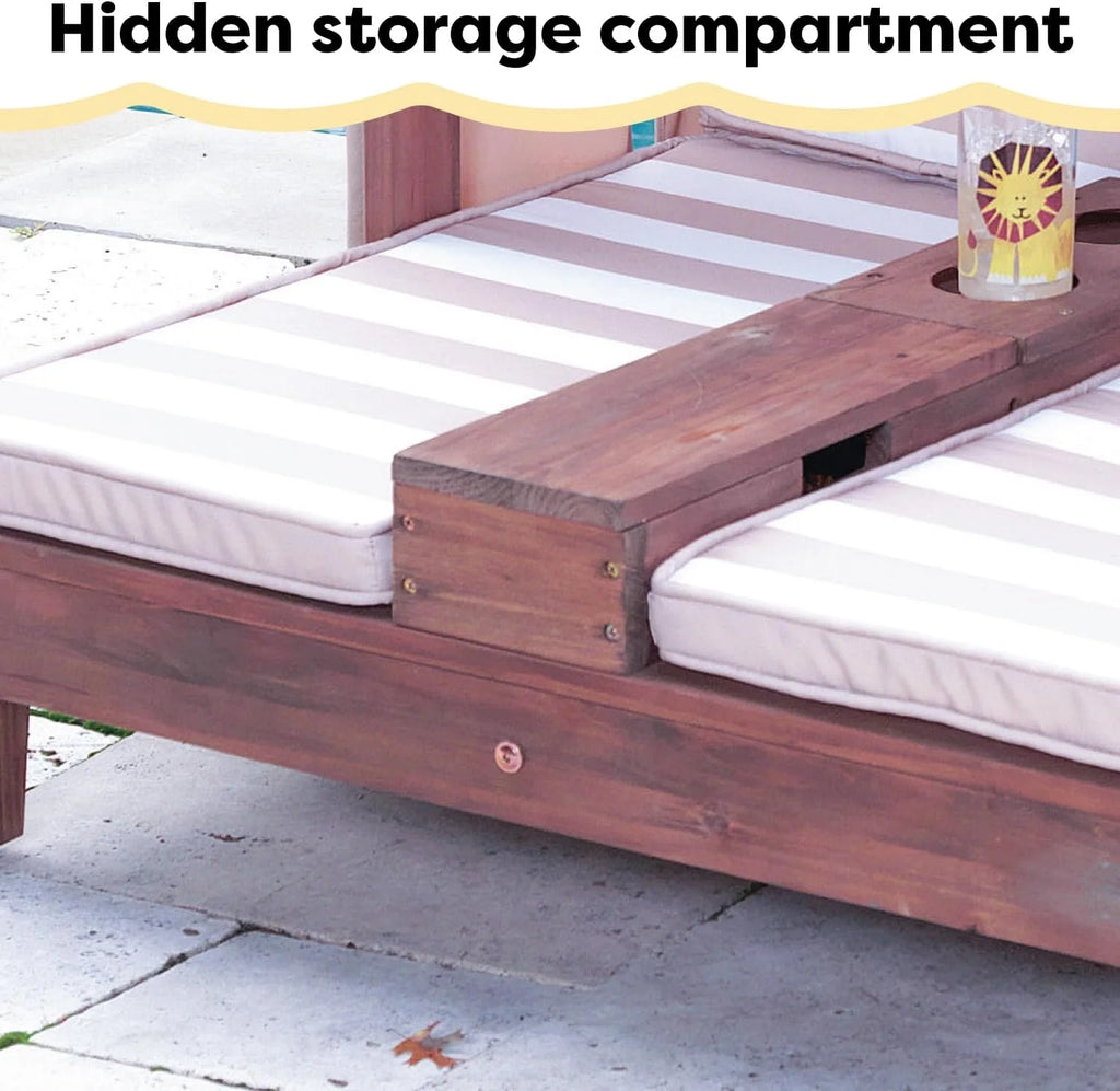 Tumbona Doble de Madera para Niños KidKraft con Porta Vasos, Muebles de Jardín para Niños, Color Miel con Tela a Rayas Azul Marino y Blanco, Regalo para Niños de 3 a 8 Años