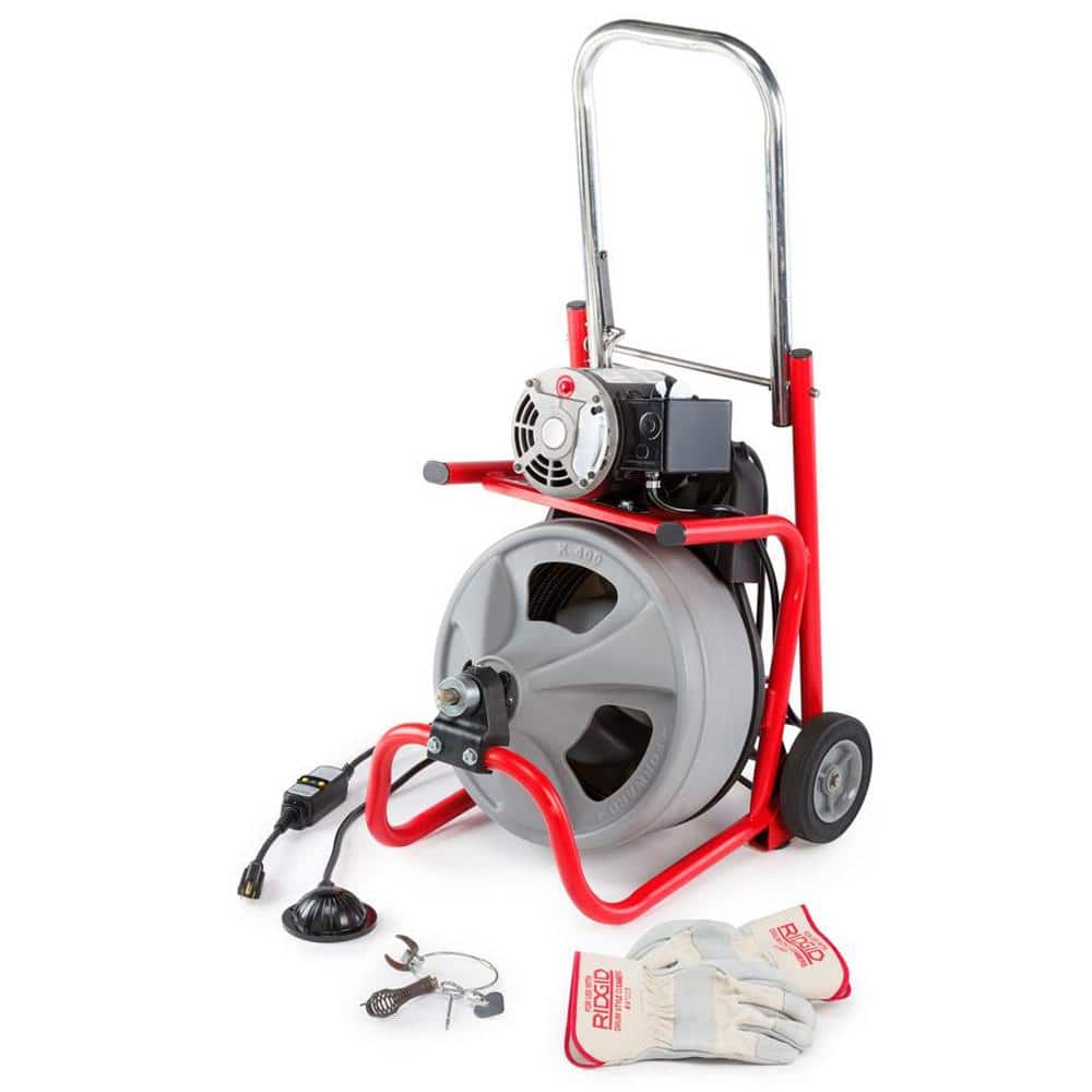 K-400 Máquina Desatascadora de Drenajes con Tambor de 120 Voltios con Cable C-32IW de 3/8 pulg. x 75 pies + Juego de Herramientas de 4 Piezas y Guantes 52363