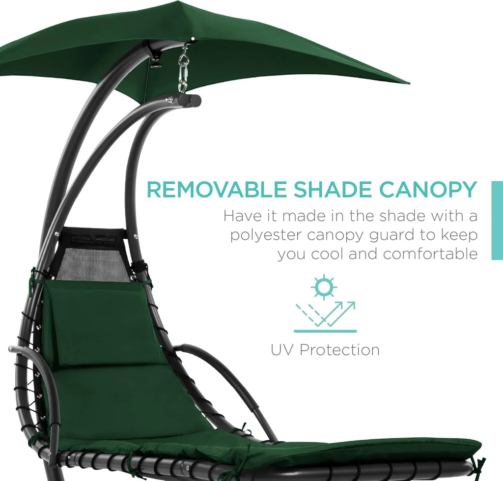 Chaise Longue Suspendue de Exterior Best Choice Products – Silla Balancín Curvada de Acero con Cojín Integrado y Toldo Desmontable – Gris Carbón