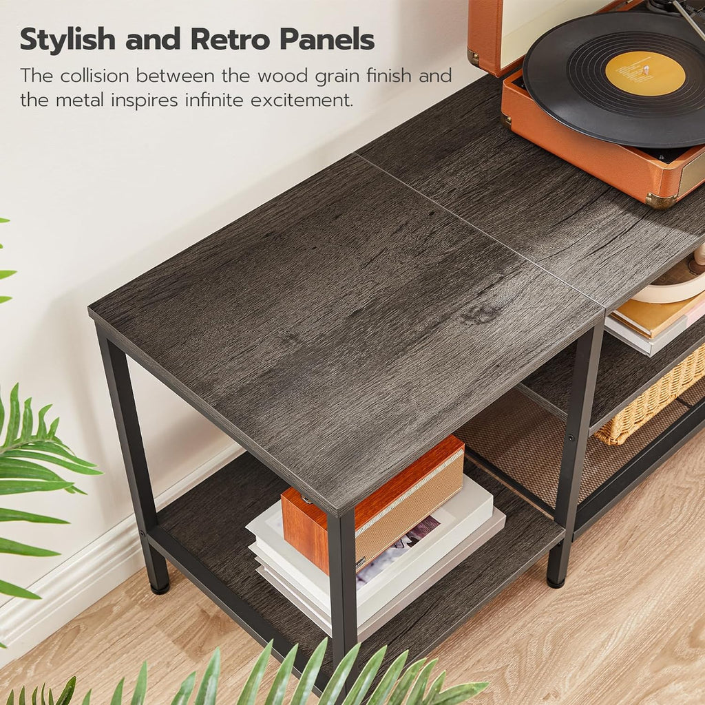 Mueble para TV con Enchufes Integrados para TVs de hasta 75 Pulgadas, Mesa Consola con Estantes Abiertos, Centro de Entretenimiento Industrial para Sala o Dormitorio, Color Marrón Rústico y Negro BF60DS01