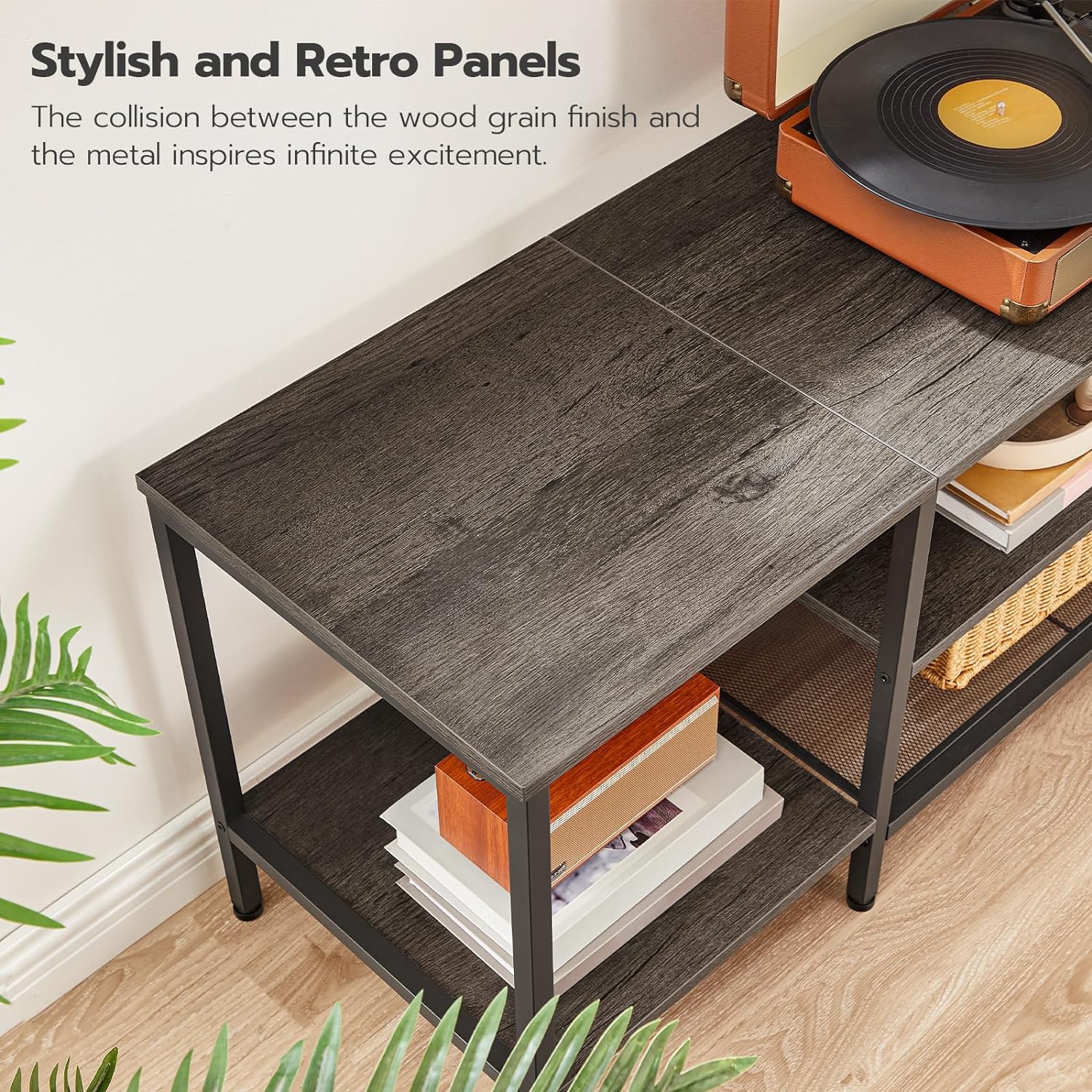Mueble para TV con Enchufes Integrados para TVs de hasta 75 Pulgadas, Mesa Consola con Estantes Abiertos, Centro de Entretenimiento Industrial para Sala o Dormitorio, Color Marrón Rústico y Negro BF60DS01