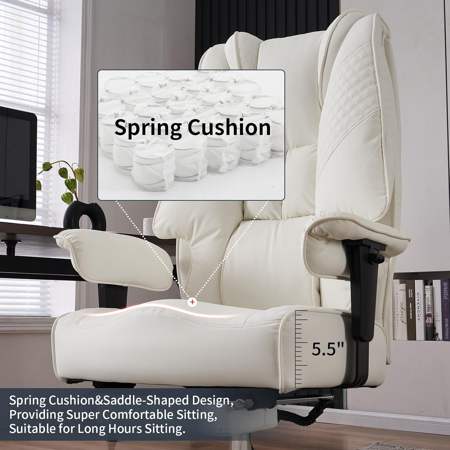 Silla de Oficina Alta y Ancha para 400 lbs, Silla Ejecutiva de Cuero con Respaldo Alto y Reposapiés, Silla Ergonómica con Soporte Lumbar para Aliviar el Dolor de Espalda Baja (Beige)