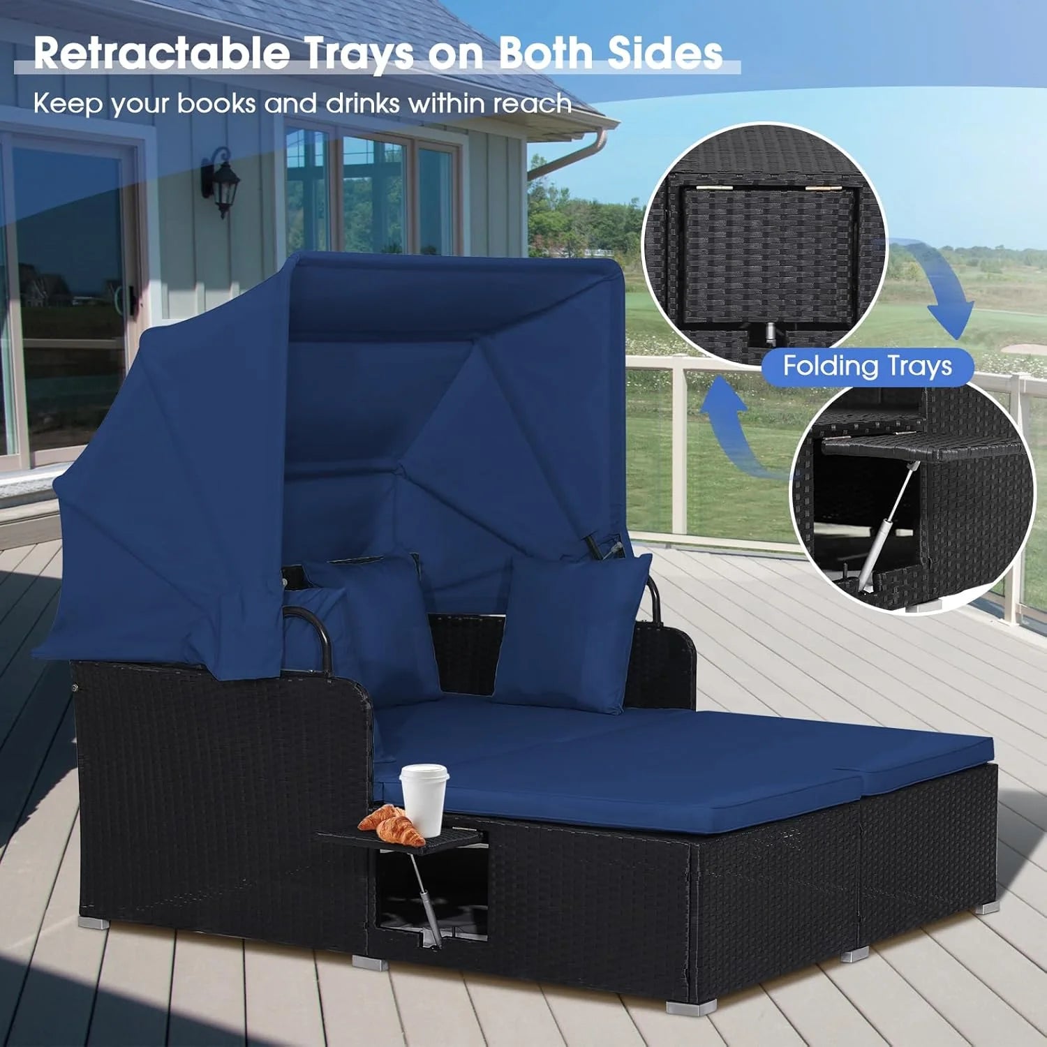 RELAX4LIFE Cama de Jardín Exterior con Dosel, Tumbona de Resina Trenzada con Cojines, 4 Almohadas y 2 Bandejas Laterales Retráctiles, Cama Lounge para 2 Personas para Piscina, Porche, Jardín, Cama de Exterior de Ratán (Turquesa)