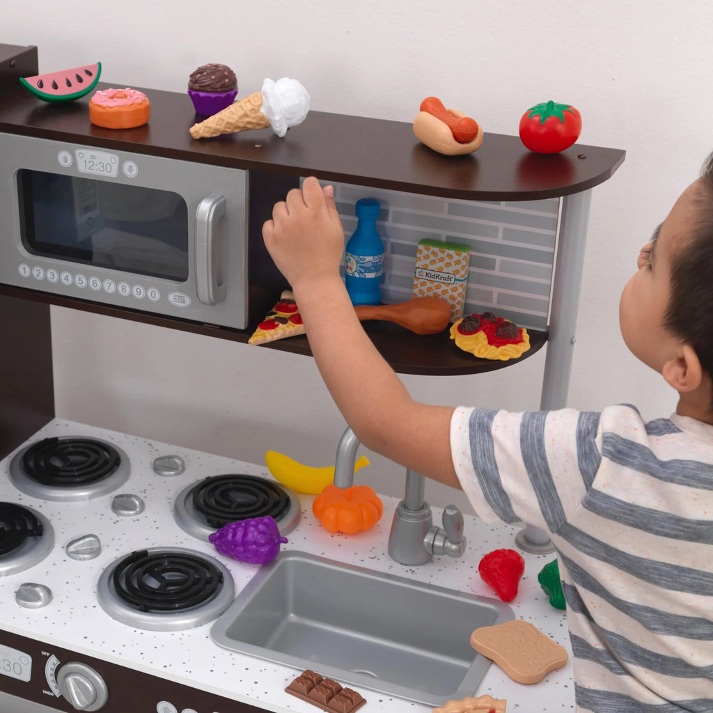 2025 Cocina de Juguete KidKraft Uptown Espresso de Madera con 30 Accesorios de Comida