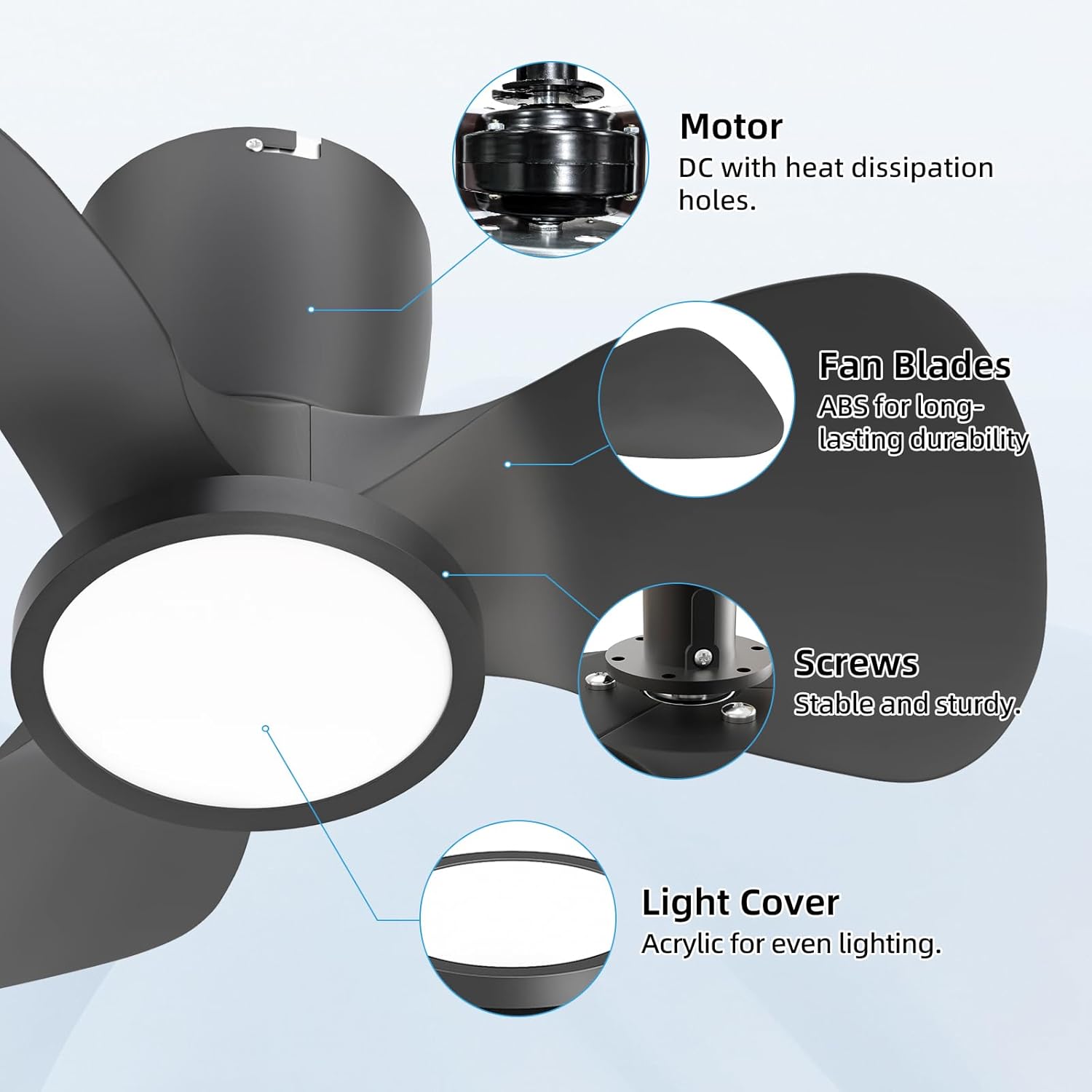 Ventilador de techo con luz Ateroll, Ø61 cm, LED regulable 3CCT (3000K-4000K-5000K), 1500LM, con control remoto, 6 velocidades, temporizador, ideal para sala y dormitorio