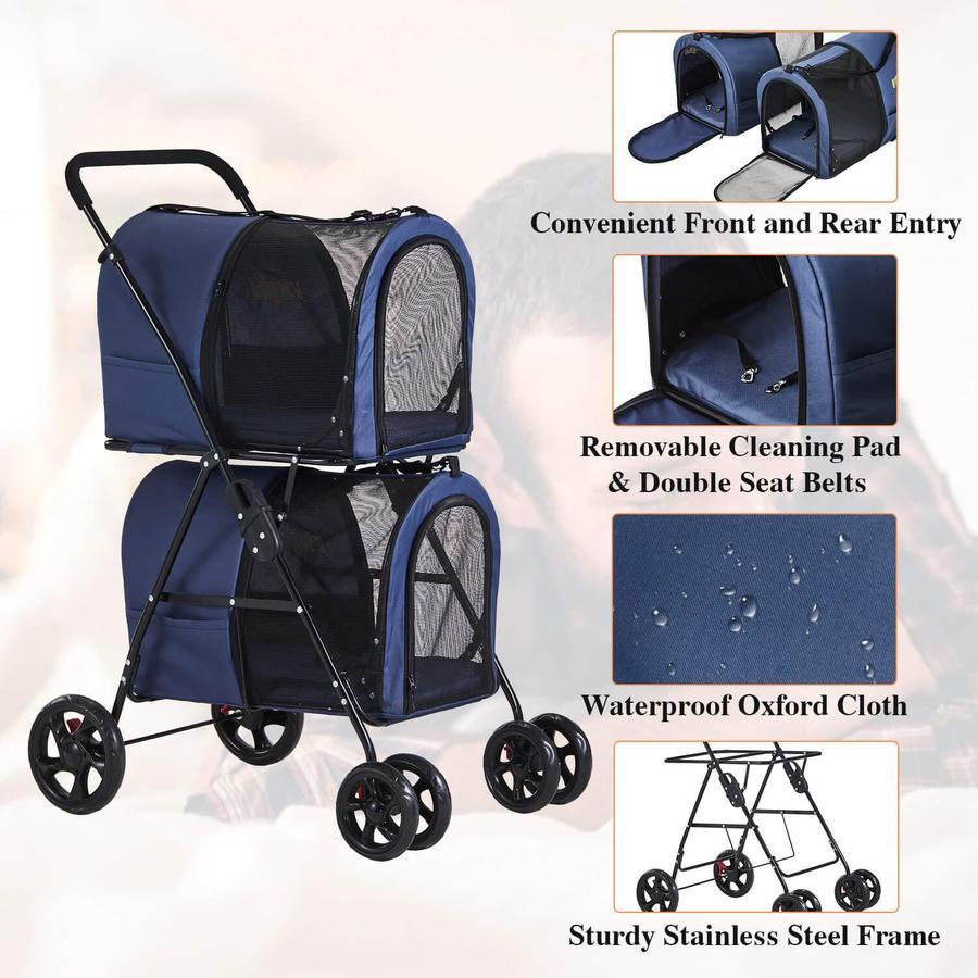 2025 Carrito Doble para Mascotas 42", para 2 Perros o Gatos, Plegable con Suspensión, Azul Marino