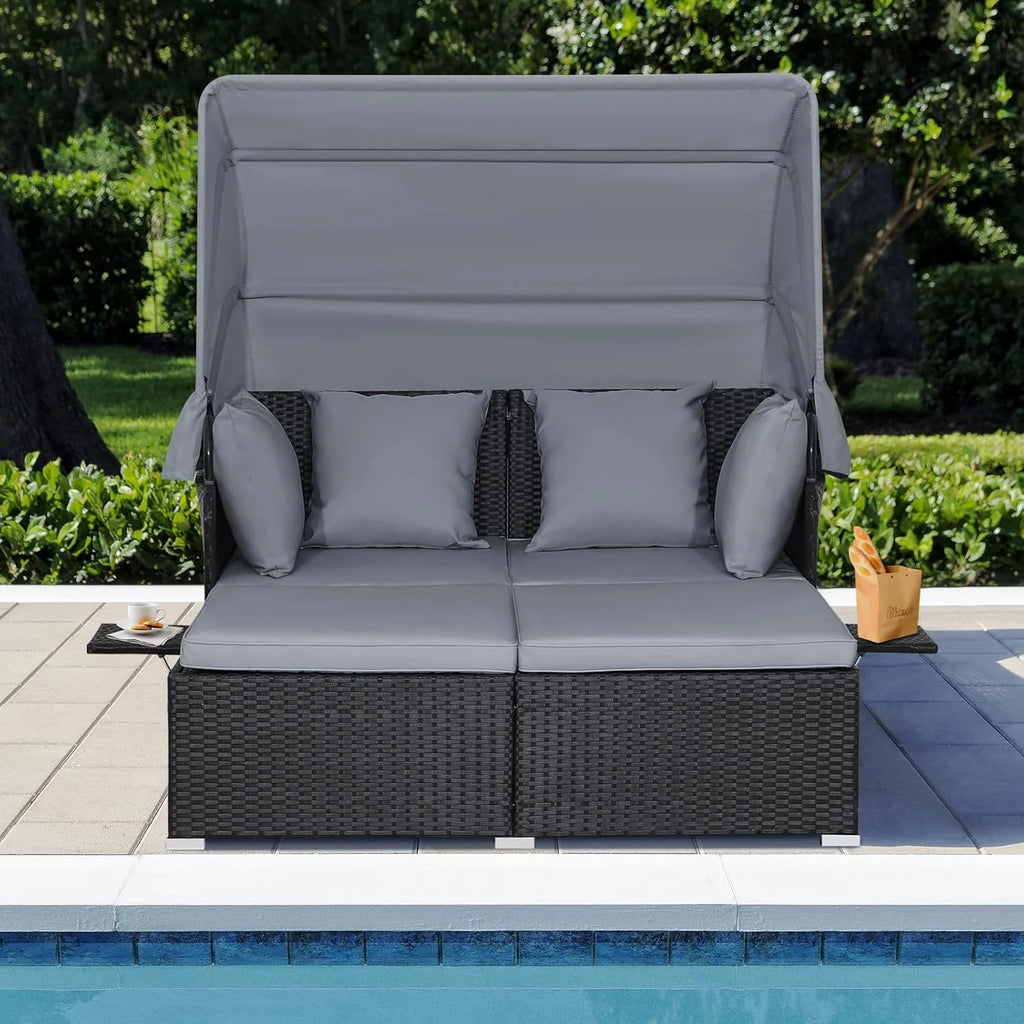RELAX4LIFE Cama de Jardín Exterior con Dosel, Tumbona de Resina Trenzada con Cojines, 4 Almohadas y 2 Bandejas Laterales Retráctiles, Cama Lounge para 2 Personas para Piscina, Porche, Jardín, Cama de Exterior de Ratán (Turquesa)