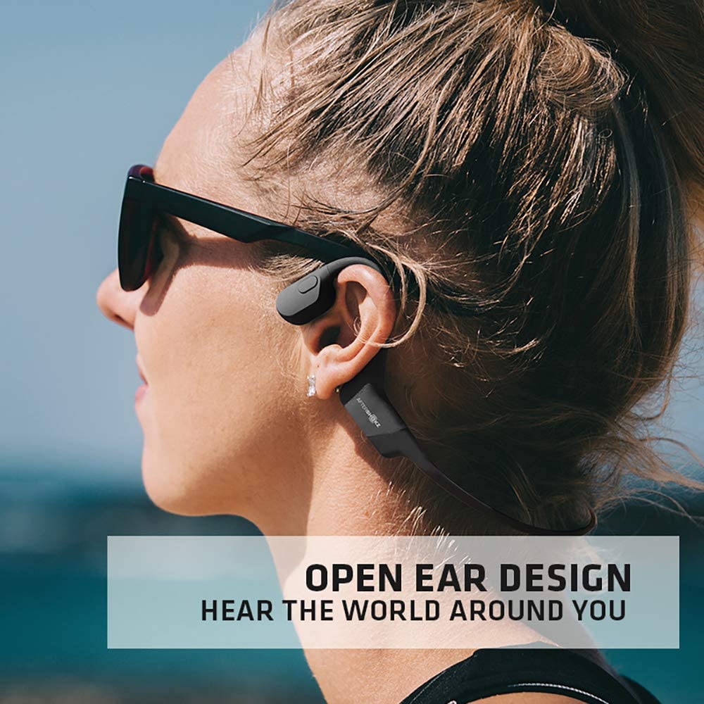 AfterShokz Aeropex Auriculares Inalámbricos de Conducción Ósea de Oreja Abierta con Cinturón Deportivo, Negro Cósmico, 2.3