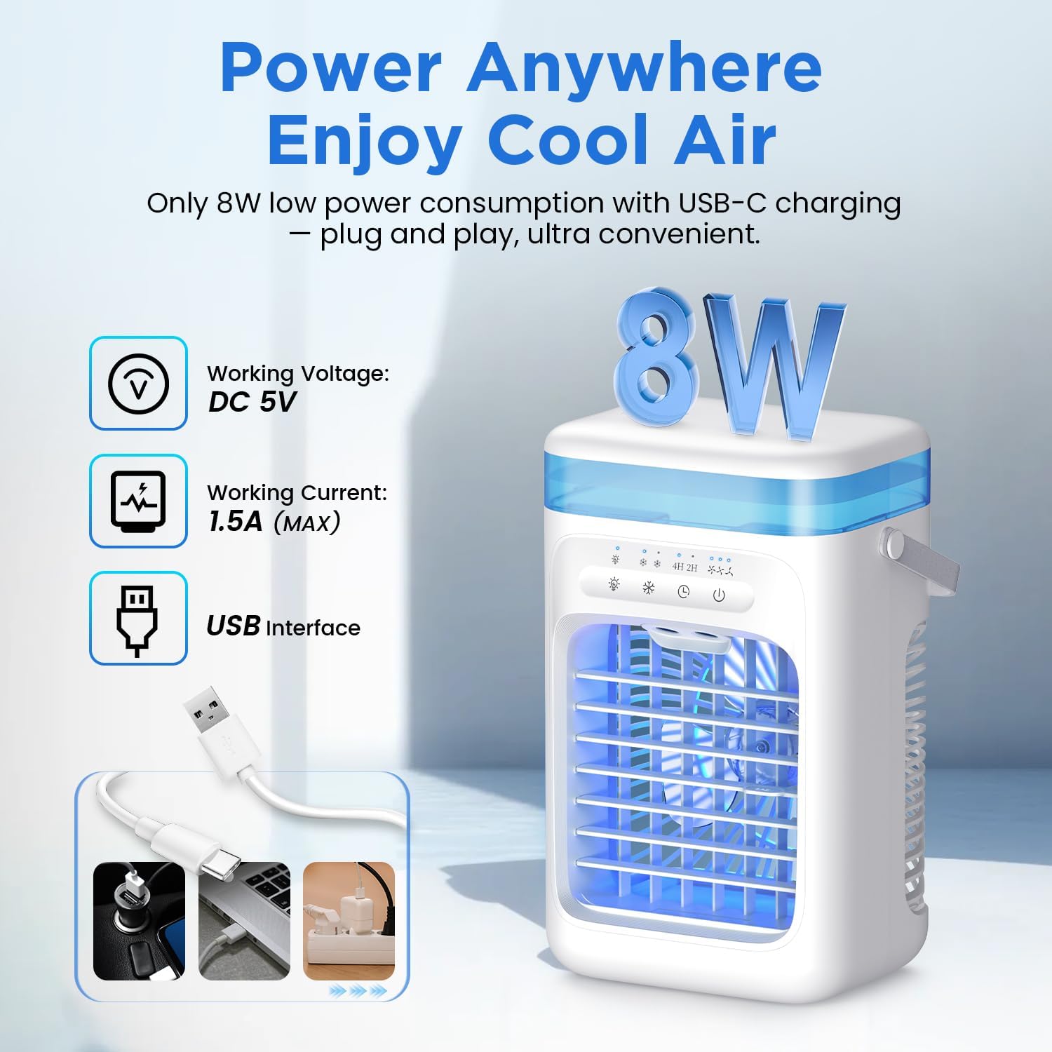 AIMIUVEI Mini Aire Acondicionado Portátil, Enfriador de Aire 5 en 1, Ventilador con Tanque de 1000 ml, 3 Velocidades, 2 Modos de Nebulización, Temporizador de 2-4 horas, Ventilador Refrigerador con 7 Luces LED para Dormitorio y Oficina