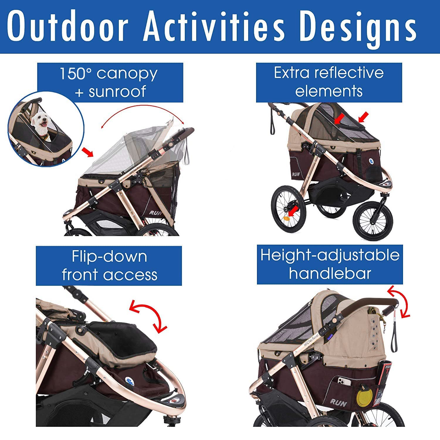 Coche Deportivo para Correr con Ruedas de Goma Confort / Entrada sin Cremallera / Plegado Rápido con Una Mano / Estructura de Aluminio para Perros, Gatos y Mascotas Pequeñas o Medianas (Camuflaje Verde)