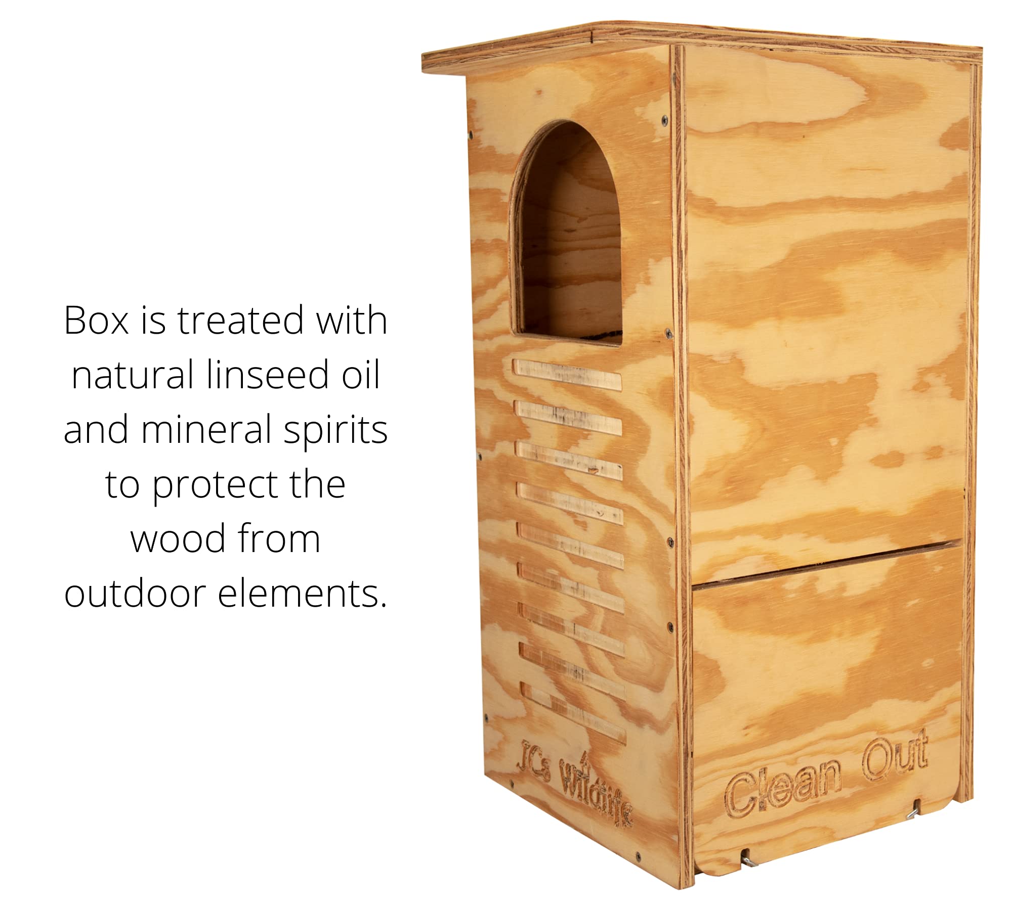Caja Nido para Búho Barrado de JCs Wildlife – Contrachapado tratado para exteriores – Herrajes de montaje y virutas de pino incluidas – Puerta especial para limpieza fácil – Hecho en EE. UU.