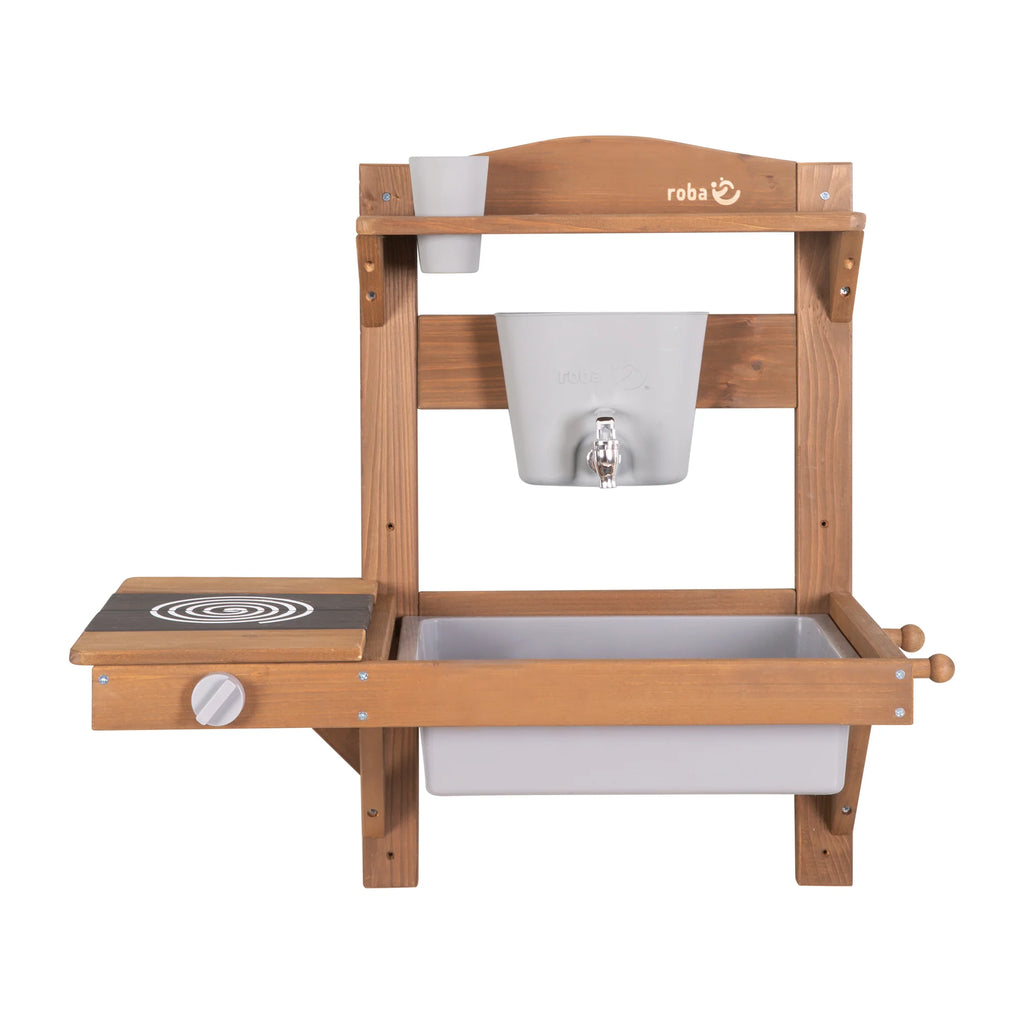 Cocina de juego al aire libre con accesorios – Madera certificada FSC – Acabado en gris grabado