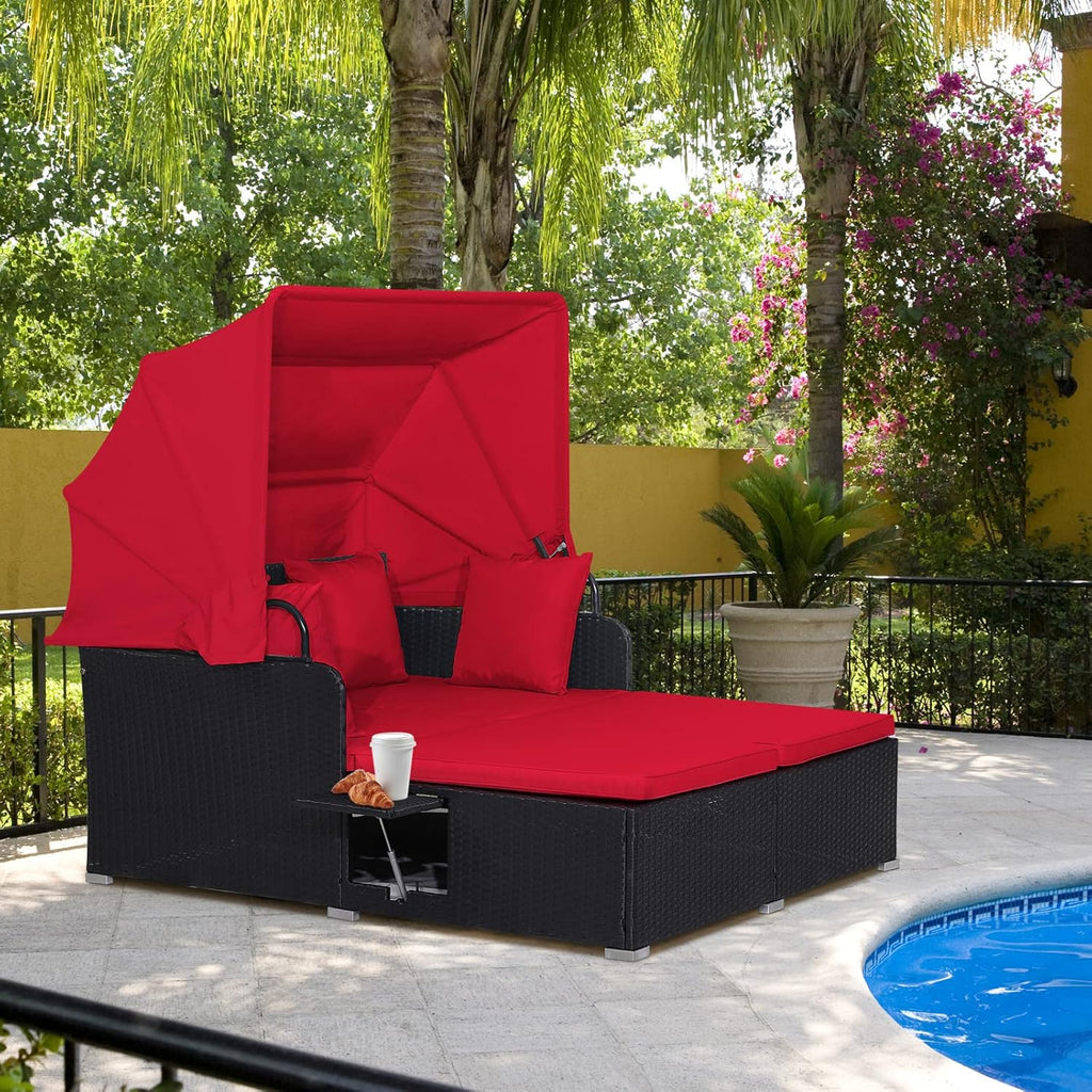 RELAX4LIFE Cama de Jardín Exterior con Dosel, Tumbona de Resina Trenzada con Cojines, 4 Almohadas y 2 Bandejas Laterales Retráctiles, Cama Lounge para 2 Personas para Piscina, Porche, Jardín, Cama de Exterior de Ratán (Turquesa)