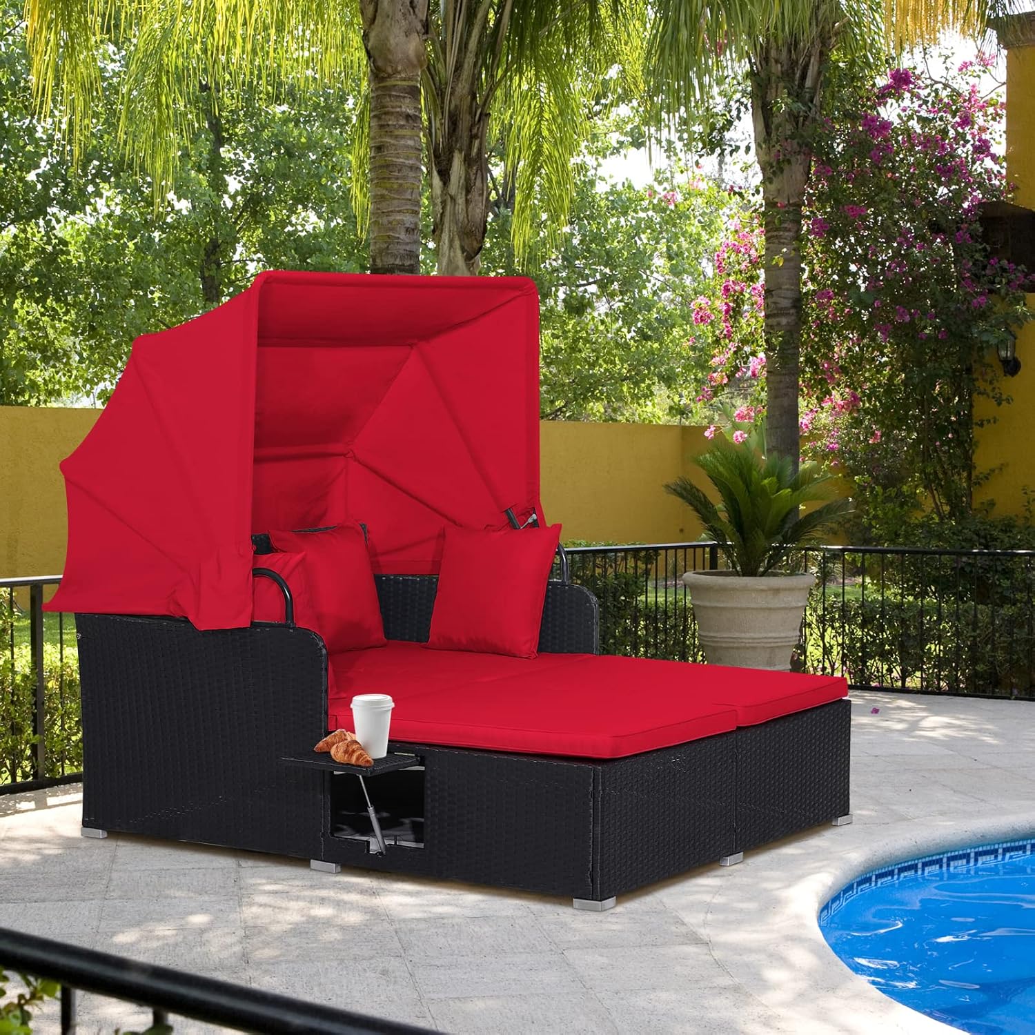 RELAX4LIFE Cama de Jardín Exterior con Dosel, Tumbona de Resina Trenzada con Cojines, 4 Almohadas y 2 Bandejas Laterales Retráctiles, Cama Lounge para 2 Personas para Piscina, Porche, Jardín, Cama de Exterior de Ratán (Turquesa)