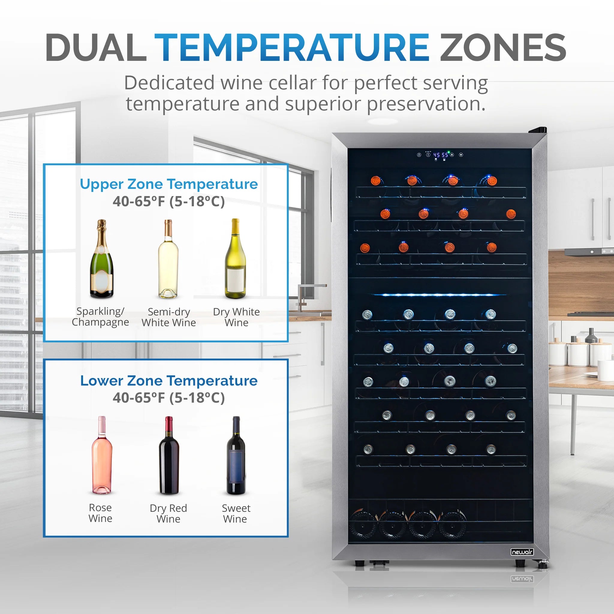 2025 Refrigerador de Vinos Independiente Newair® de Acero Inoxidable – 76 Botellas – 23" con Doble Zona