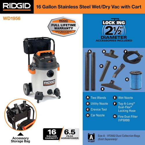 2025 Aspirador NXT Wet/Dry de 16 galones y 6.5 HP pico en acero inoxidable con filtro de polvo fino, manguera de bloqueo y accesorios WD1956