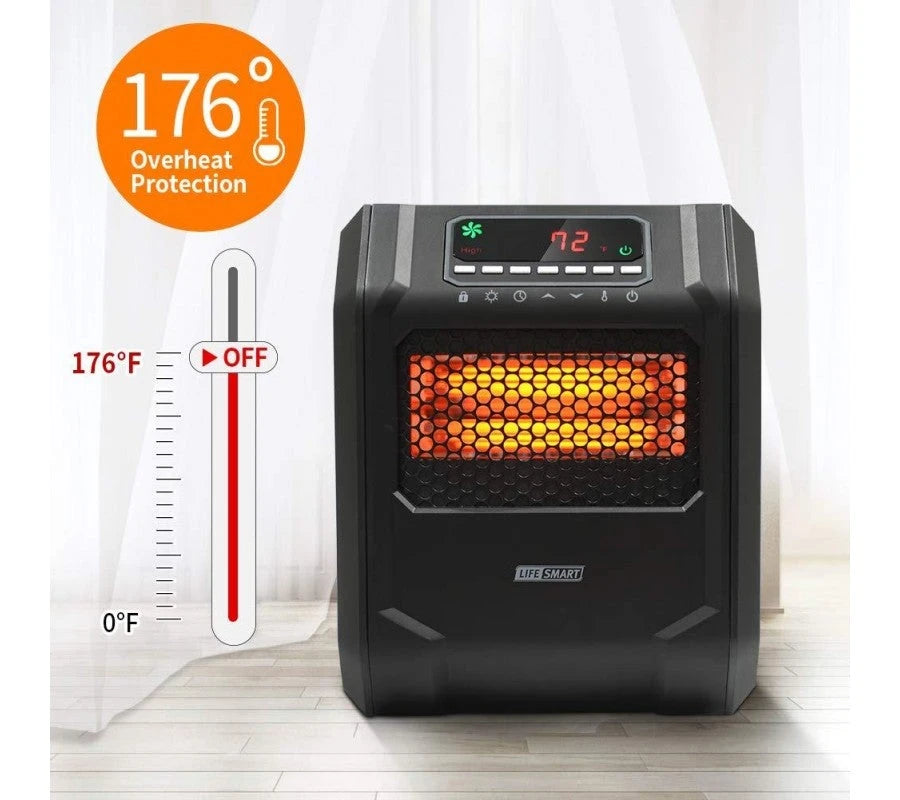 Calefactor de Espacio Infrarrojo LIFE SMART con 6 Elementos de Cuarzo, Pantalla Digital LED, Calentamiento Rápido con Control Remoto y Temporizador, Sistema de Termostato con Protección contra Vuelcos y Sobrecalentamiento para el Hogar