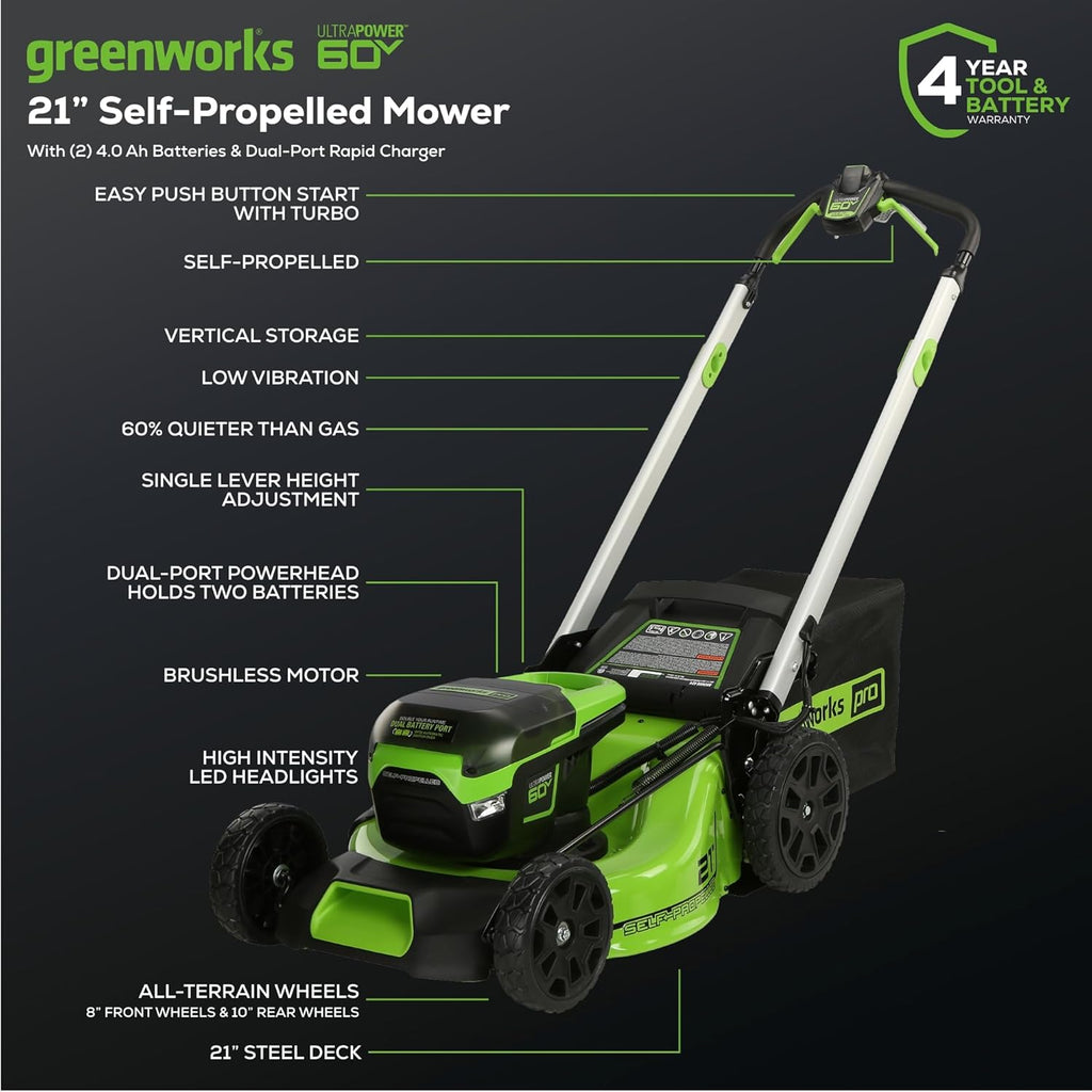 2025 Cortacésped Autopropulsado Inalámbrico Greenworks 60V 21” con 2 Baterías de 4.0Ah y Cargador Rápido de Doble Puerto