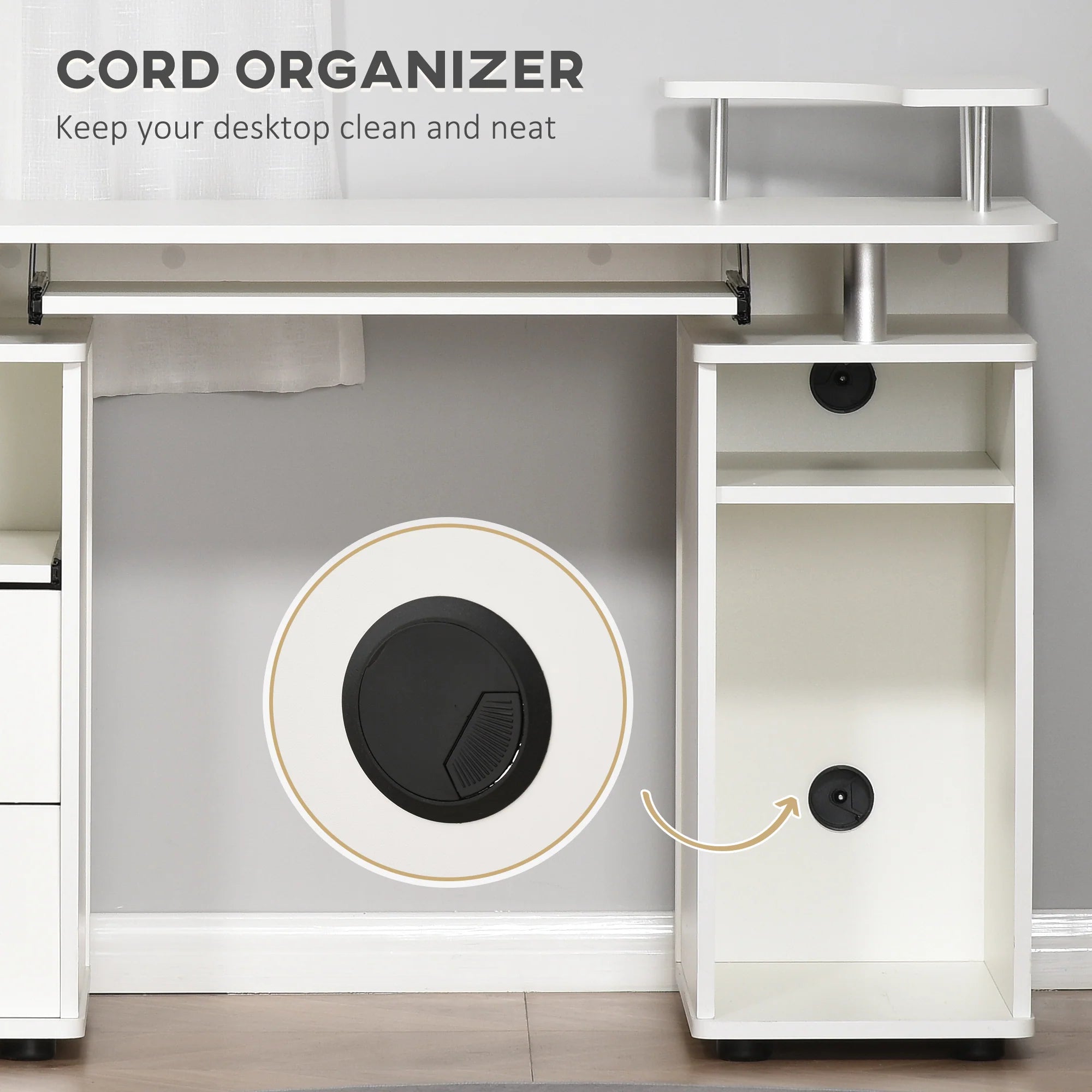 Escritorio de Ordenador para Oficina – Mesa de PC con Cajón para Teclado, Estante Deslizante para Escáner, Blanco