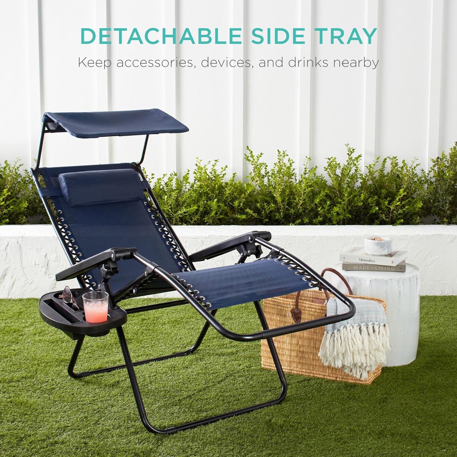 Best Choice Products – Silla Reclinable de Patio con Gravedad Cero, Ajustable y Plegable para Exteriores con Dosel, Almohada Cervical y Bandeja Lateral, Textileno – Azul Pavo Real