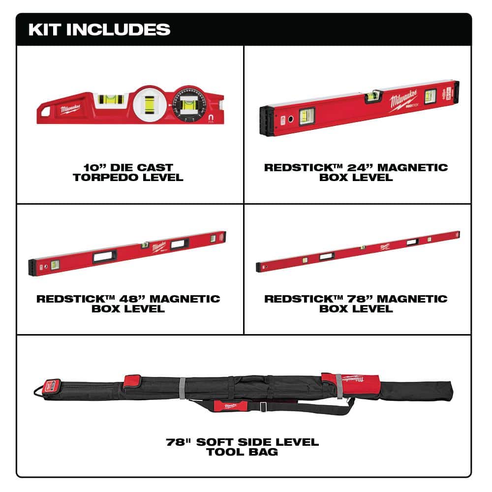 2025 Set de Niveles Magnéticos REDSTICK – 10"/24"/48"/78" + Nivel Torpedo – Modelo MLBXCM78