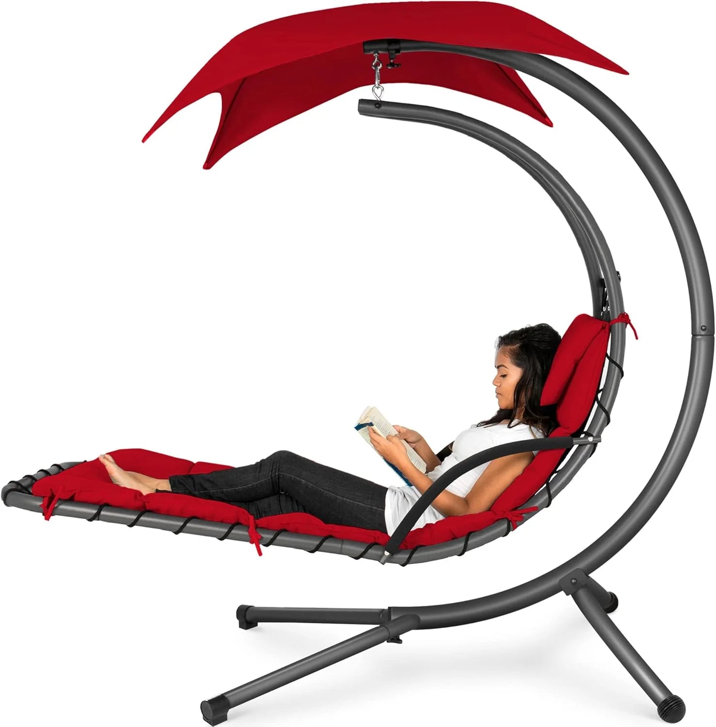 Chaise Longue Suspendue de Exterior Best Choice Products – Silla Balancín Curvada de Acero con Cojín Integrado y Toldo Desmontable – Gris Carbón