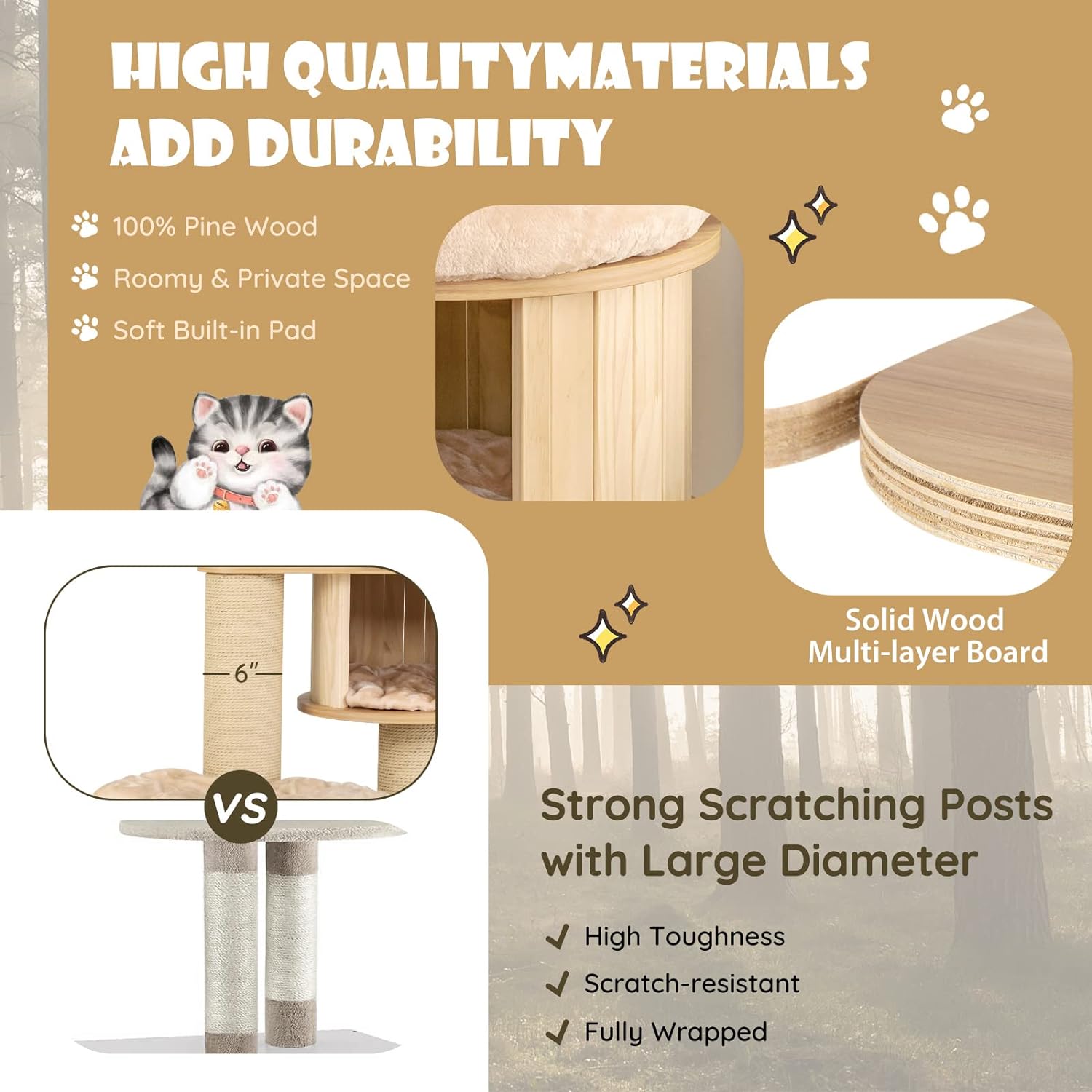 Árbol para Gatos Grande, Torre de Múltiples Niveles con Poste de Sisal, Hamaca, Cesta Colgante y Alfombrillas Desmontables y Lavables, Perfecto para Gatos Grandes