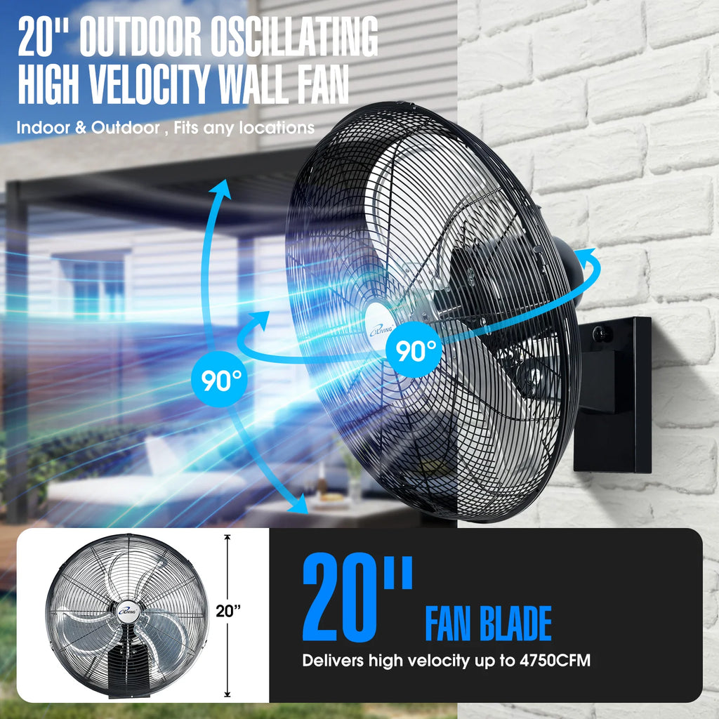 2025 Ventilador mural oscilante de alta velocidad iLIVING de 20" para exterior – 4750 CFM, motor resistente a condiciones extremas, velocidad variable, ideal para taller, garaje, veranda, uso comercial e industrial, 20 pulgadas, color negro