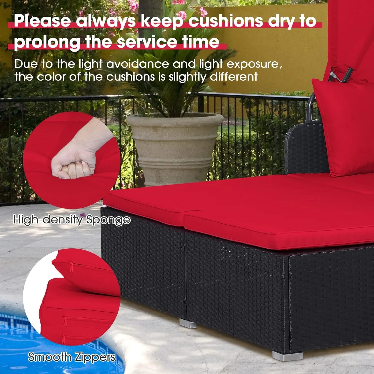 RELAX4LIFE Cama de Jardín Exterior con Dosel, Tumbona de Resina Trenzada con Cojines, 4 Almohadas y 2 Bandejas Laterales Retráctiles, Cama Lounge para 2 Personas para Piscina, Porche, Jardín, Cama de Exterior de Ratán (Turquesa)