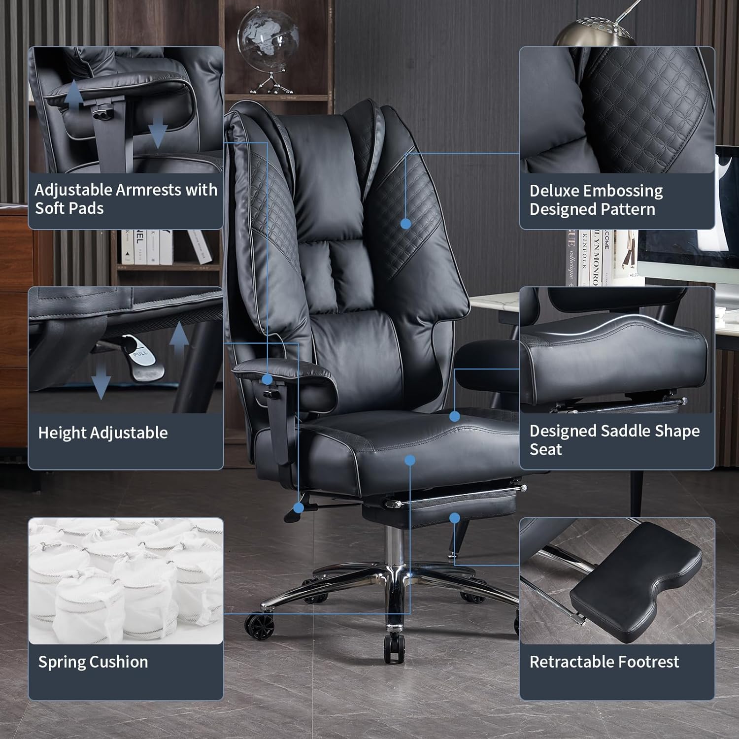 Silla de Oficina Alta y Ancha para 400 lbs, Silla Ejecutiva de Cuero con Respaldo Alto y Reposapiés, Silla Ergonómica con Soporte Lumbar para Aliviar el Dolor de Espalda Baja (Beige)