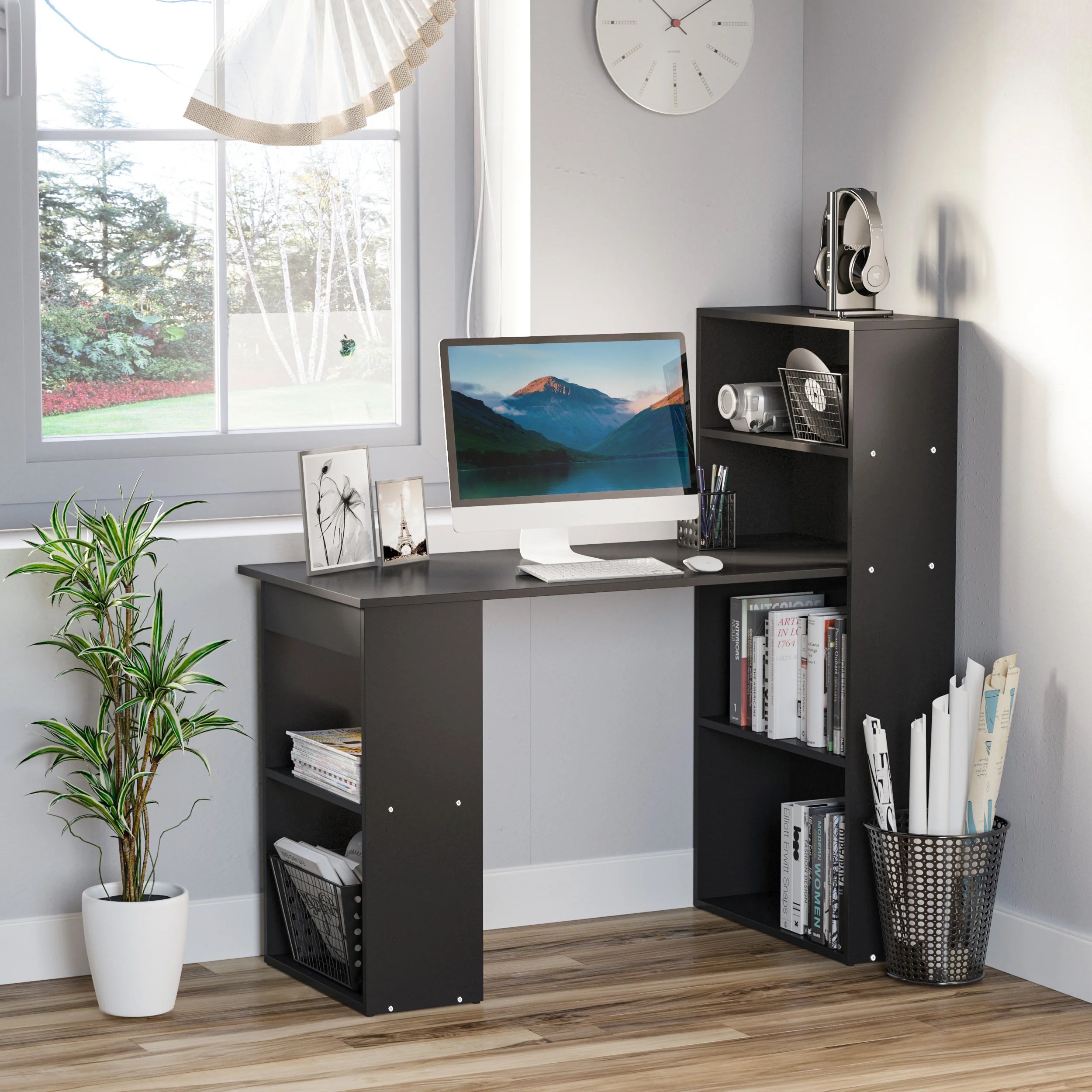 Escritorio de Ordenador Moderno de 120 cm con Estantería, Mesa de Estudio y Estación de Trabajo con 6 Estantes, Negro