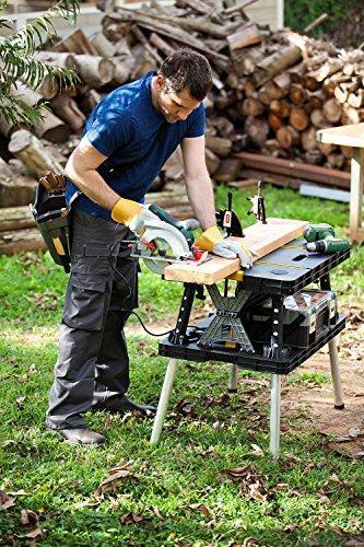 Keter – Banco de Trabajo Plegable Modelo 197283 para Sierra Ingleteadora, Herramientas y Accesorios de Carpintería con Abrazaderas de Madera de 12 Pulgadas Incluidas – Fácil Almacenamiento en Garage, Color Negro/Amarillo