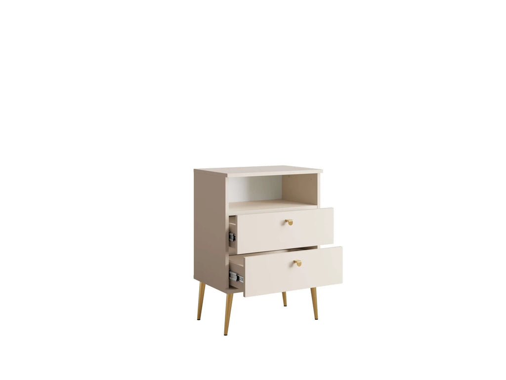 Mesita de noche Elyria con diseño elegante en beige, tiradores metálicos, 50 cm