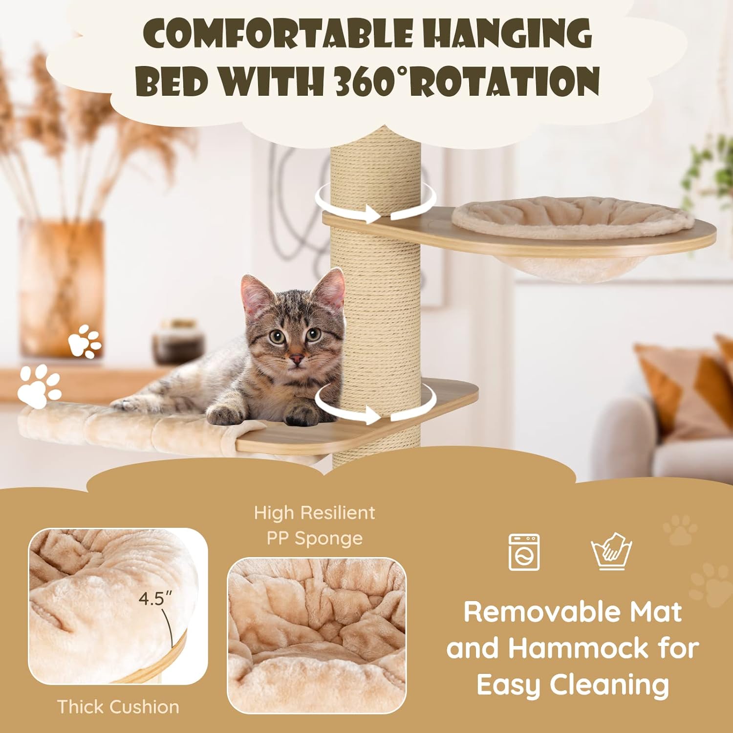 Árbol para Gatos Grande, Torre de Múltiples Niveles con Poste de Sisal, Hamaca, Cesta Colgante y Alfombrillas Desmontables y Lavables, Perfecto para Gatos Grandes