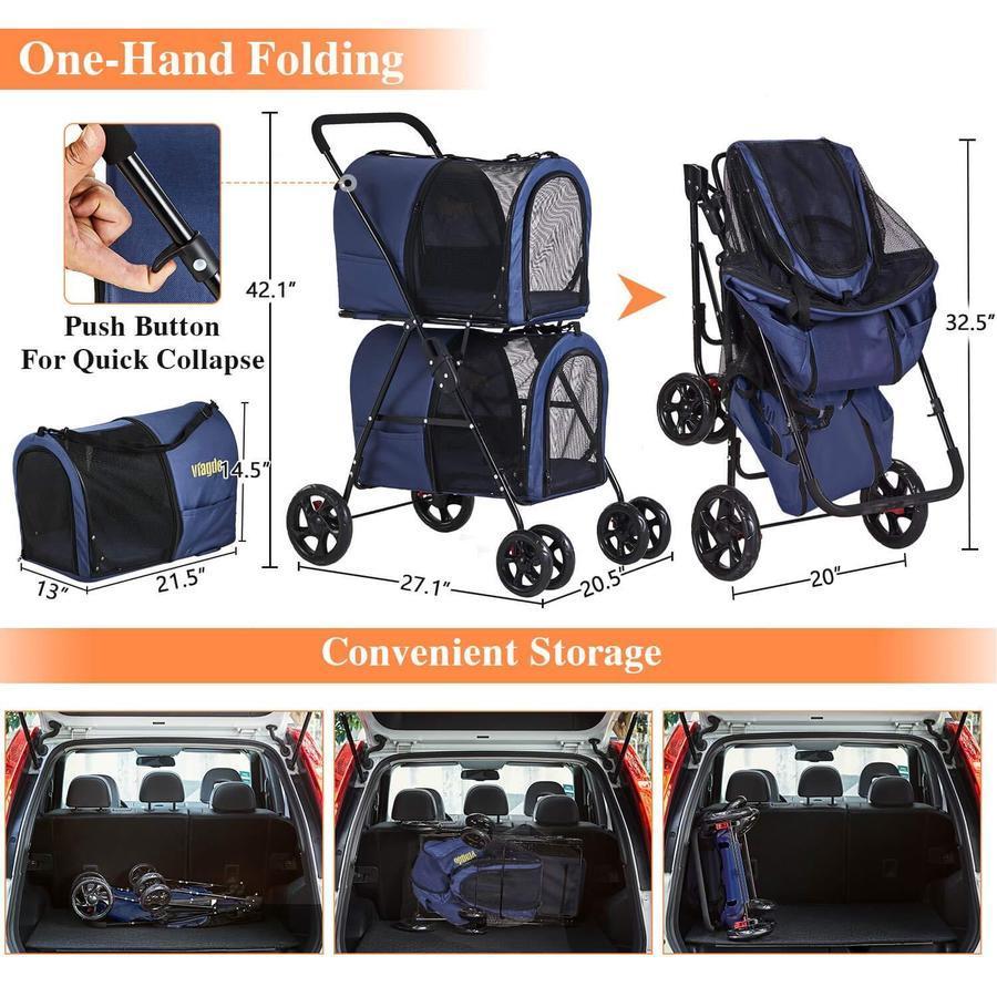 2025 Carrito Doble para Mascotas 42", para 2 Perros o Gatos, Plegable con Suspensión, Azul Marino
