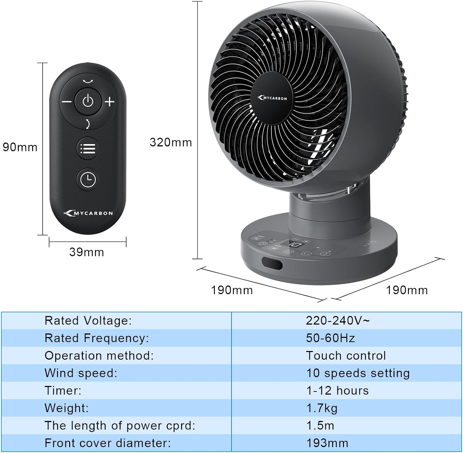 MYCARBON Ventilador de Mesa Turbo Silencioso 20dB, Motor DC Potente, Oscilación de 30°-60°-90°, 11 Velocidades, Temporizador 12h y Encendido Programado, con Control Remoto