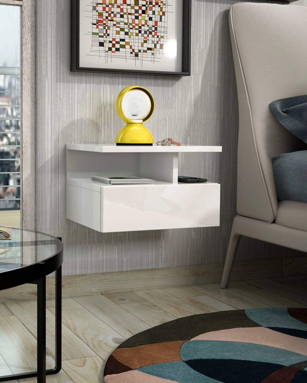 Mesita de noche suspendida Roma blanco brillante, con diseño minimalista de 35,5 cm de ancho